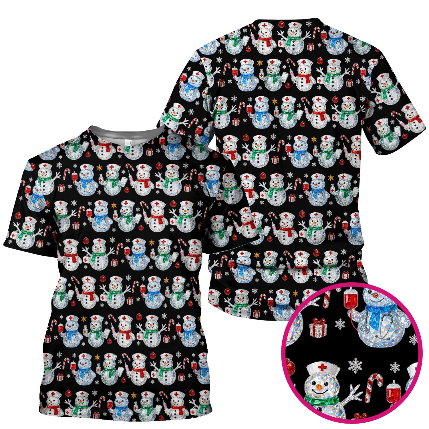 Nurse Snowman Christmas Scrub Top, Cute Holiday Medical Pattern Shirt For Women, Winter Snowflake Nursing Uniform