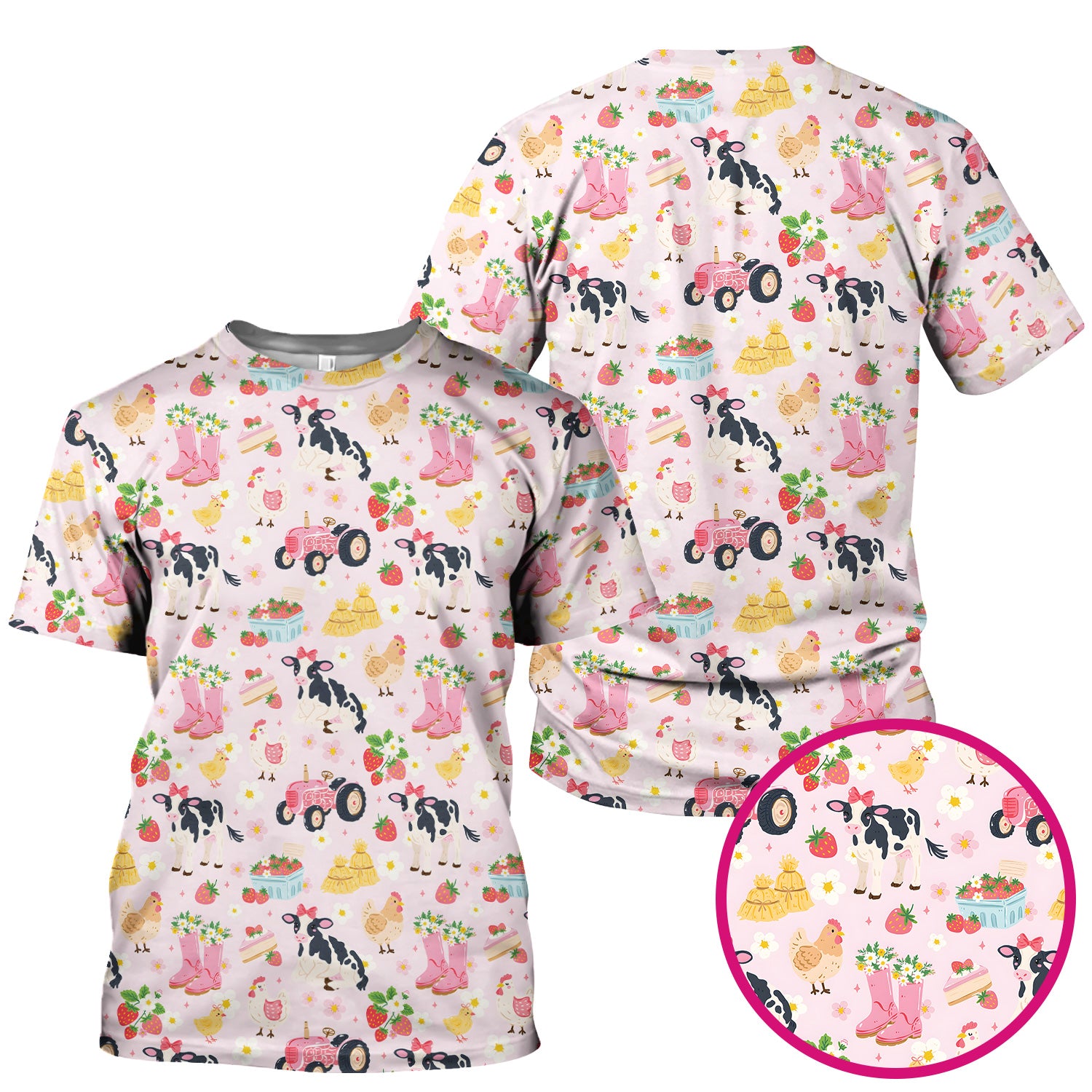 Cute Farm Animals & Strawberry Garden Pattern Scrub Top, Comfortable Scrubs for Nurses