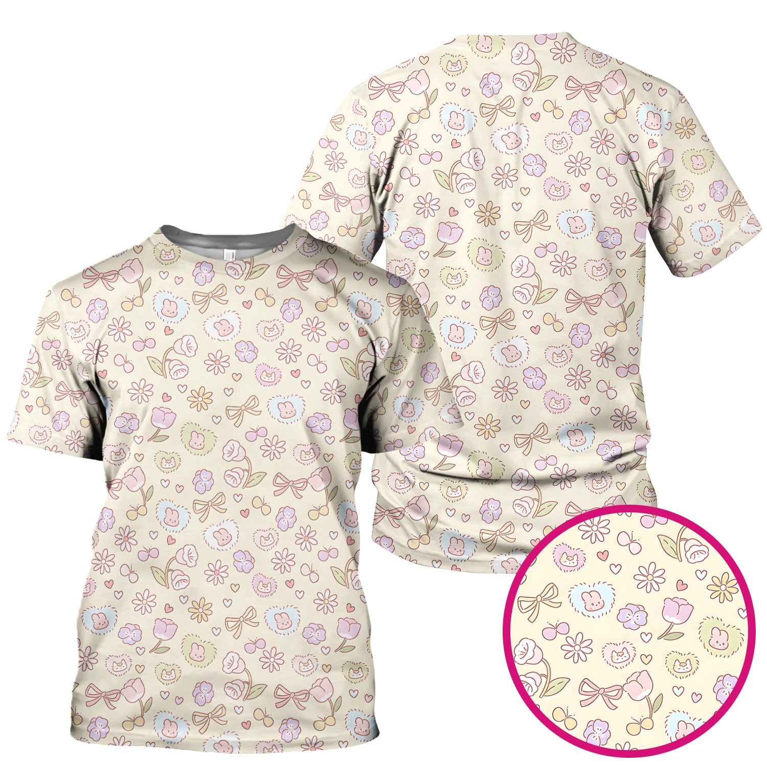 Pastel Bunny Flower Heart Pattern Nurse Scrub Top, Comfortable Scrubs for Nurses