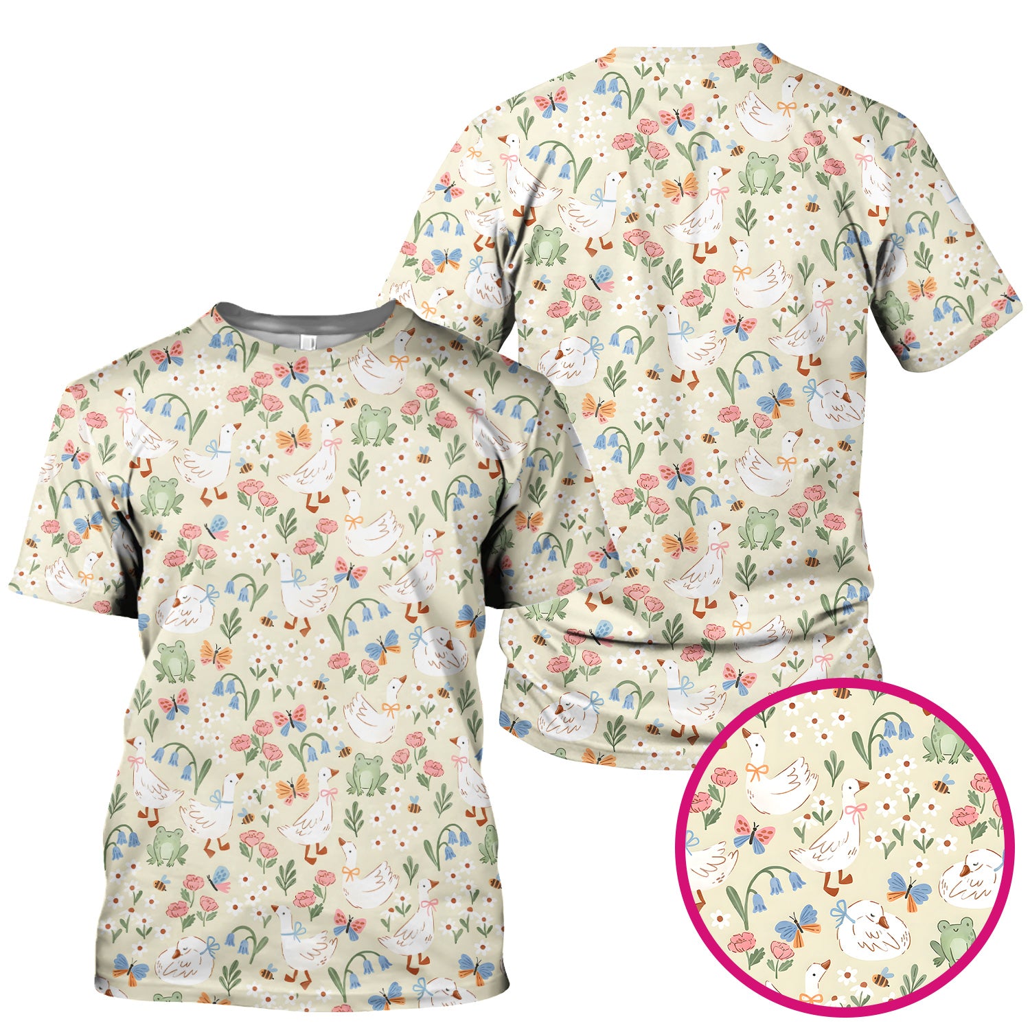 Cute Goose & Frog Garden Print Scrub Top, Comfortable Scrubs for Nurses