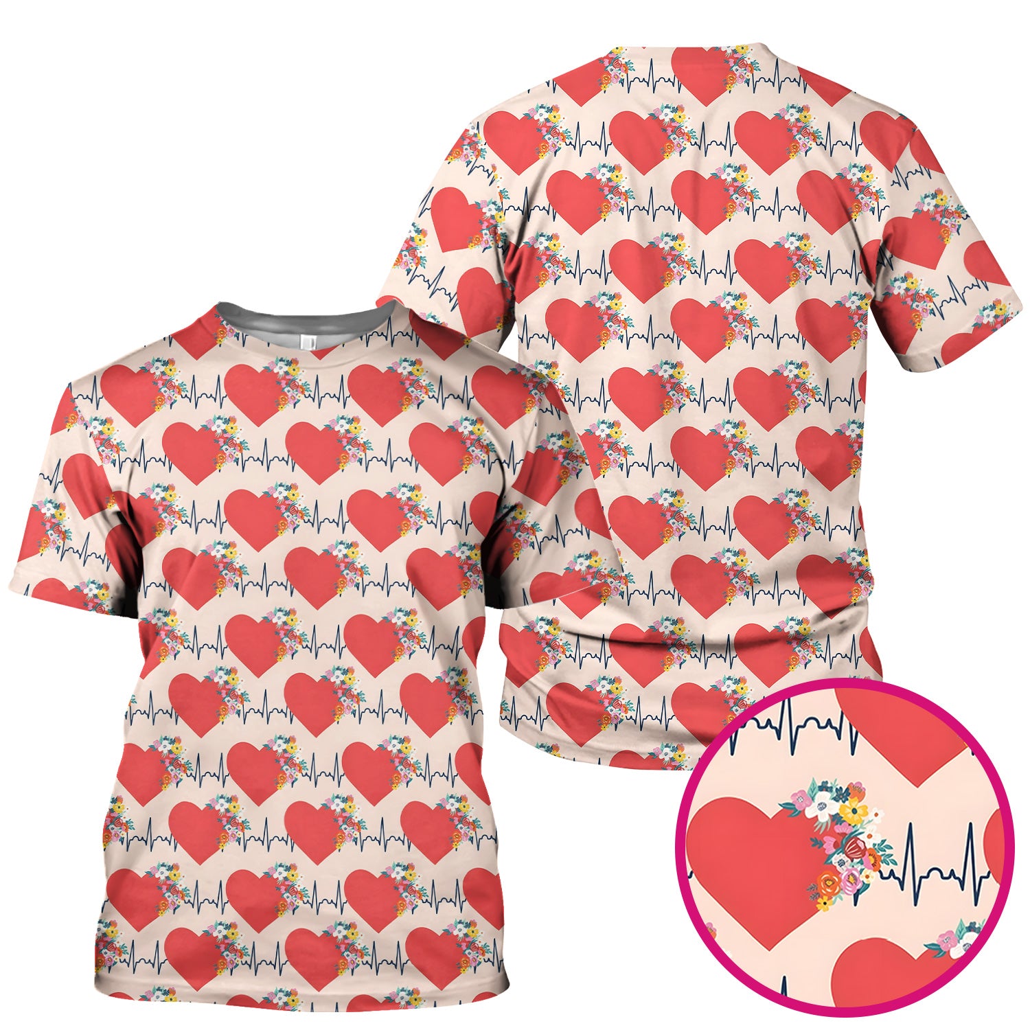 Nurse Heartbeat Floral Pattern Scrub Top, Comfortable Scrubs for Nurses