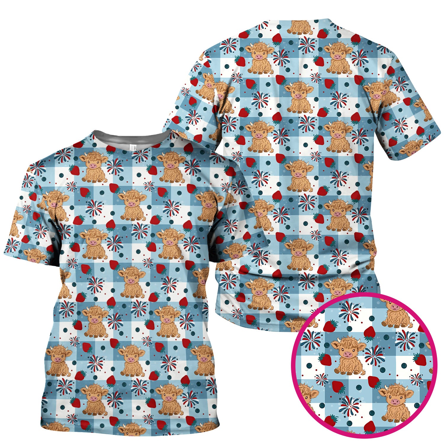 Highland Cow Strawberry Firework Gingham Pattern Scrub Top, Comfortable Scrubs for Nurses