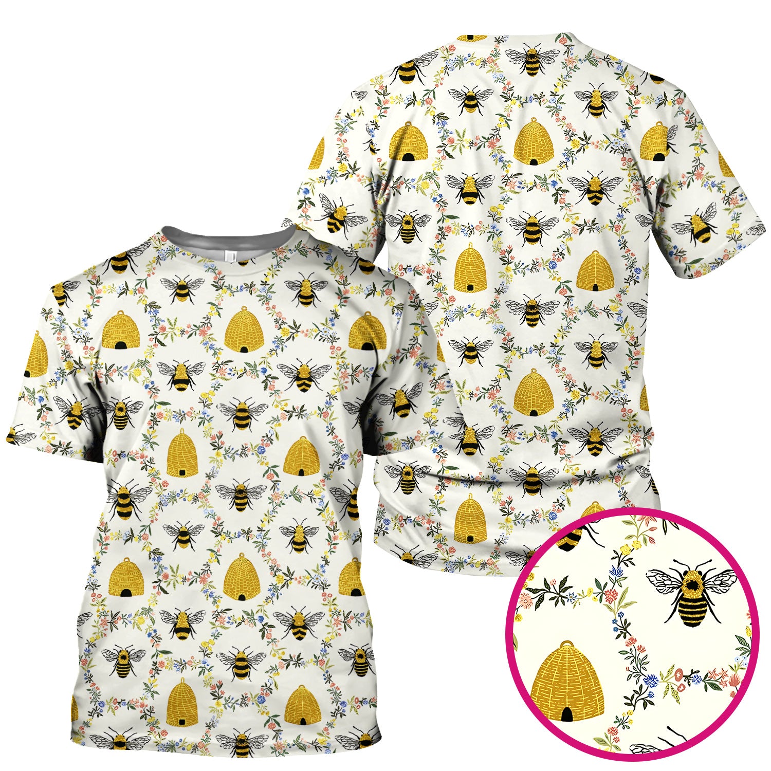 Honey Bee Beehive Floral Pattern Scrub Top, Comfortable Scrubs for Nurses