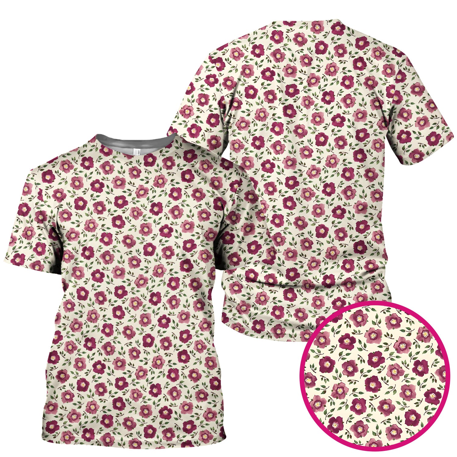 Purple Floral Blossom Leaf Pattern Scrub Top, Comfortable Scrubs for Nurses