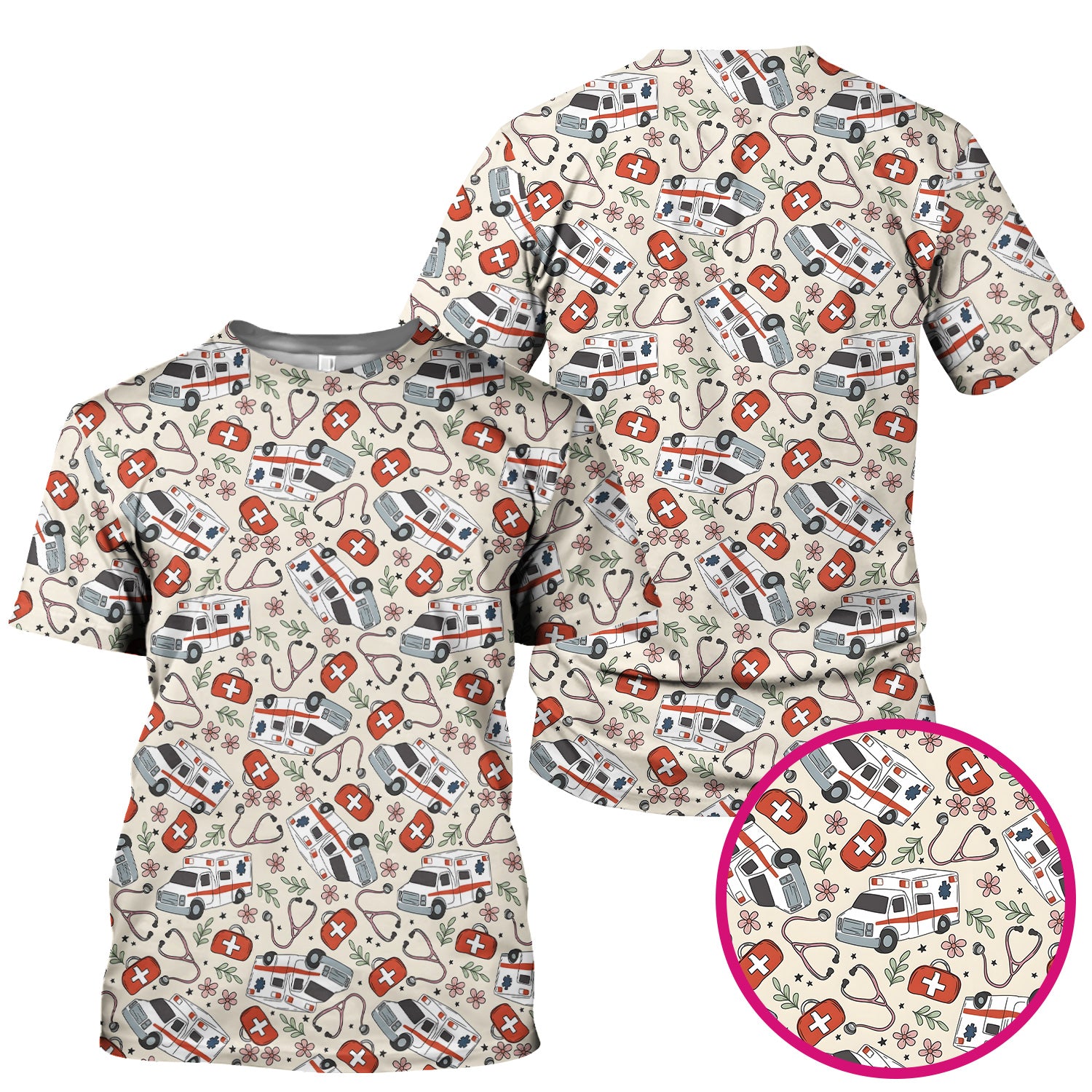 Ambulance Stethoscope First Aid Floral Pattern Scrub Top, Comfortable Scrubs for Nurses