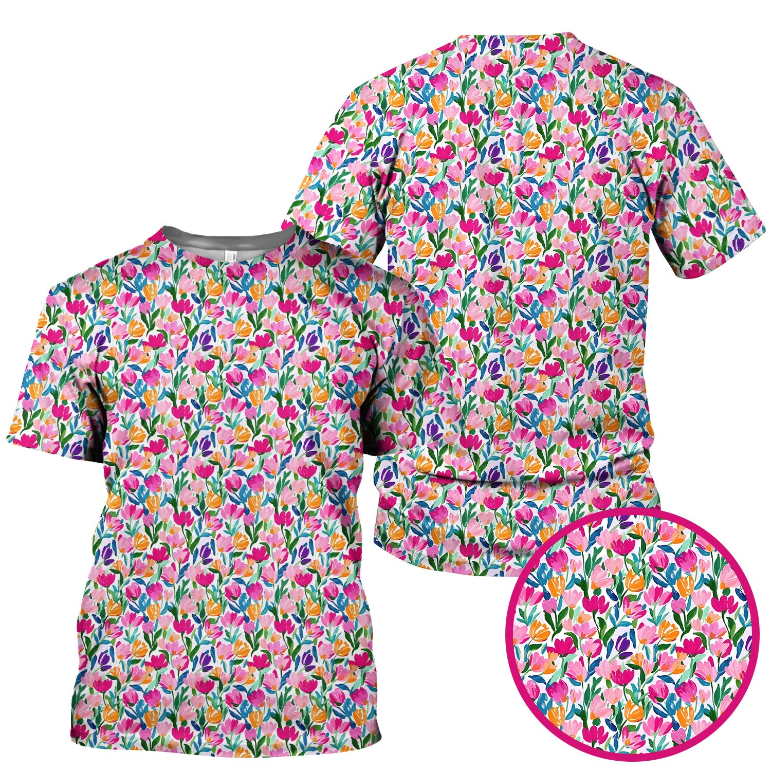 Vibrant Tulip Meadow Pattern Scrub Top, Breathable Fabrics Nursing Uniform