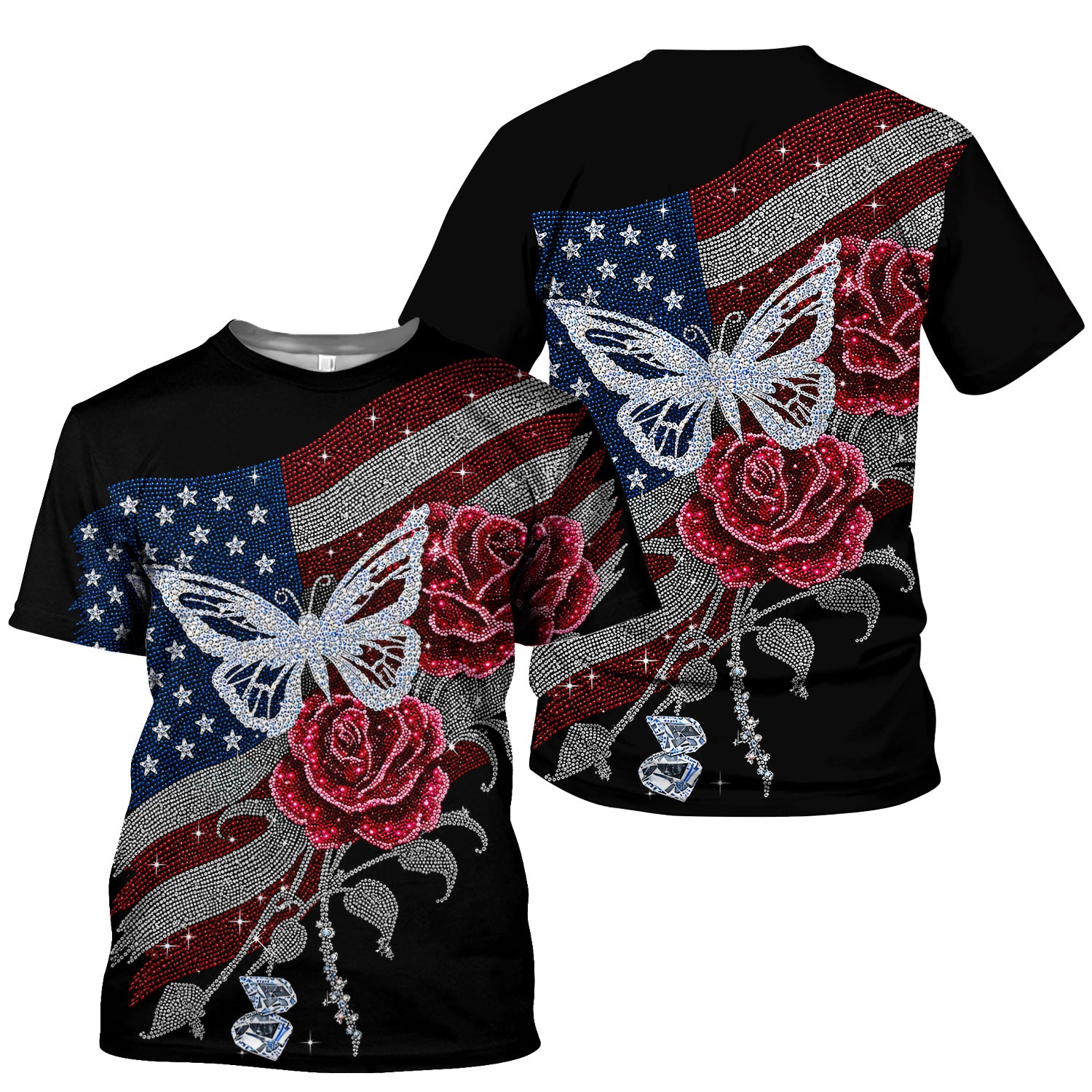 Patriotic Butterfly Rose Flag Print Scrub Top, Comfortable Scrubs for Nurses