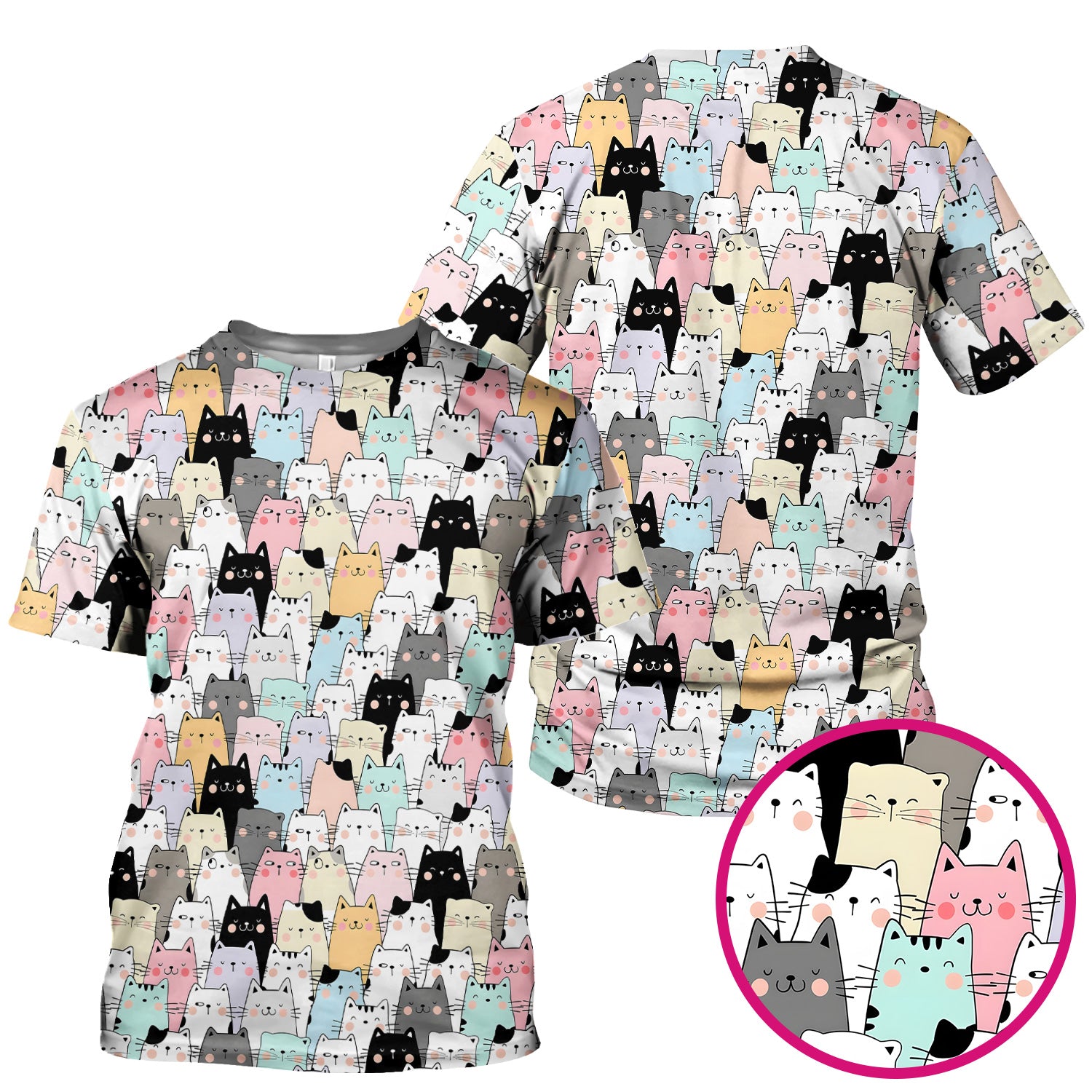 Playful Cartoon Cat Crowd Pattern Scrub Top, Comfortable Scrubs for Nurses