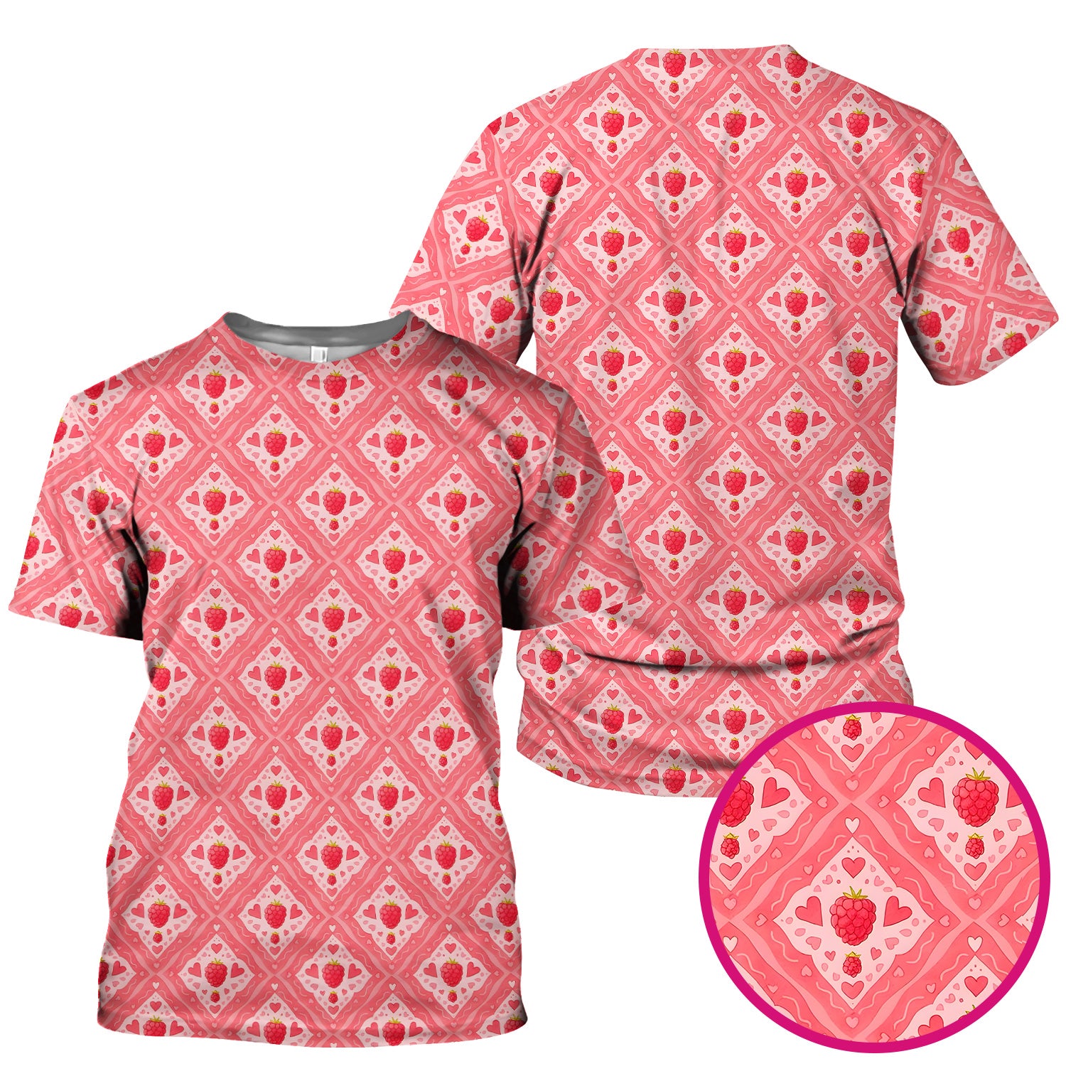 Cute Raspberry Heart Diamond Pattern Scrub Top, Comfortable Scrubs for Nurses