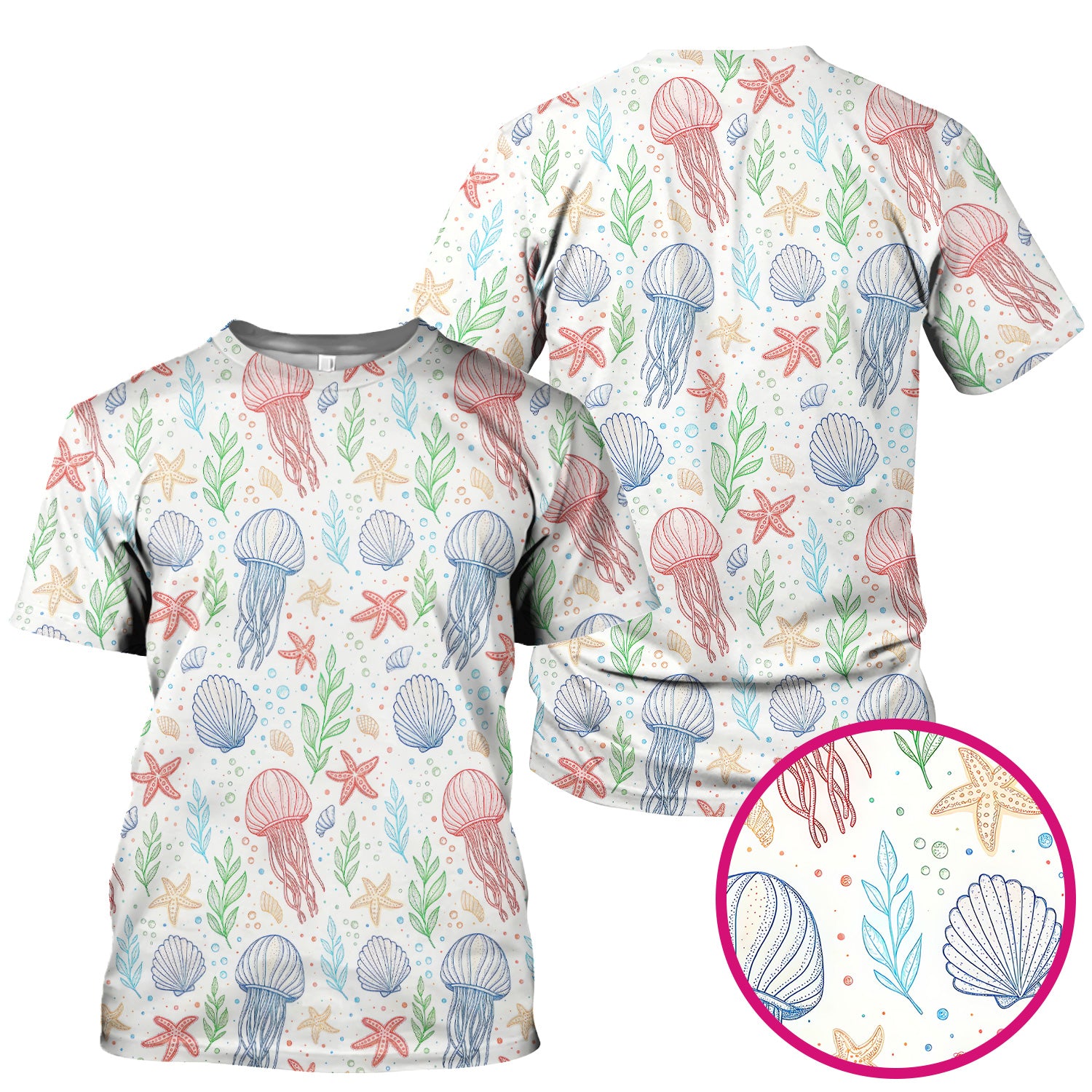 Ocean Jellyfish Starfish Seashell Pattern Scrubs Top, Comfortable Scrubs for Nurses