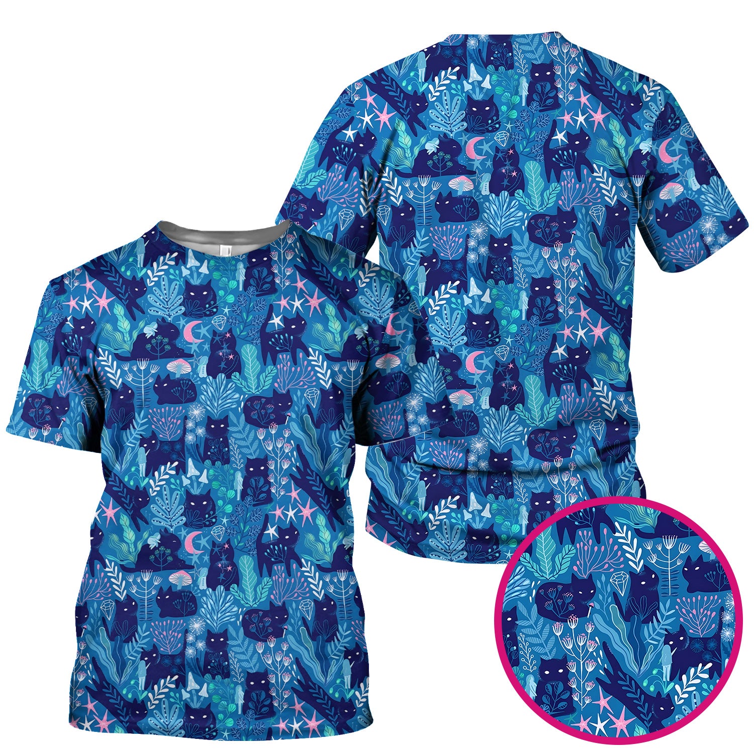 Adorable Celestial Cat Moon Star Pattern Scrub Top, Comfortable Scrubs For Nurses
