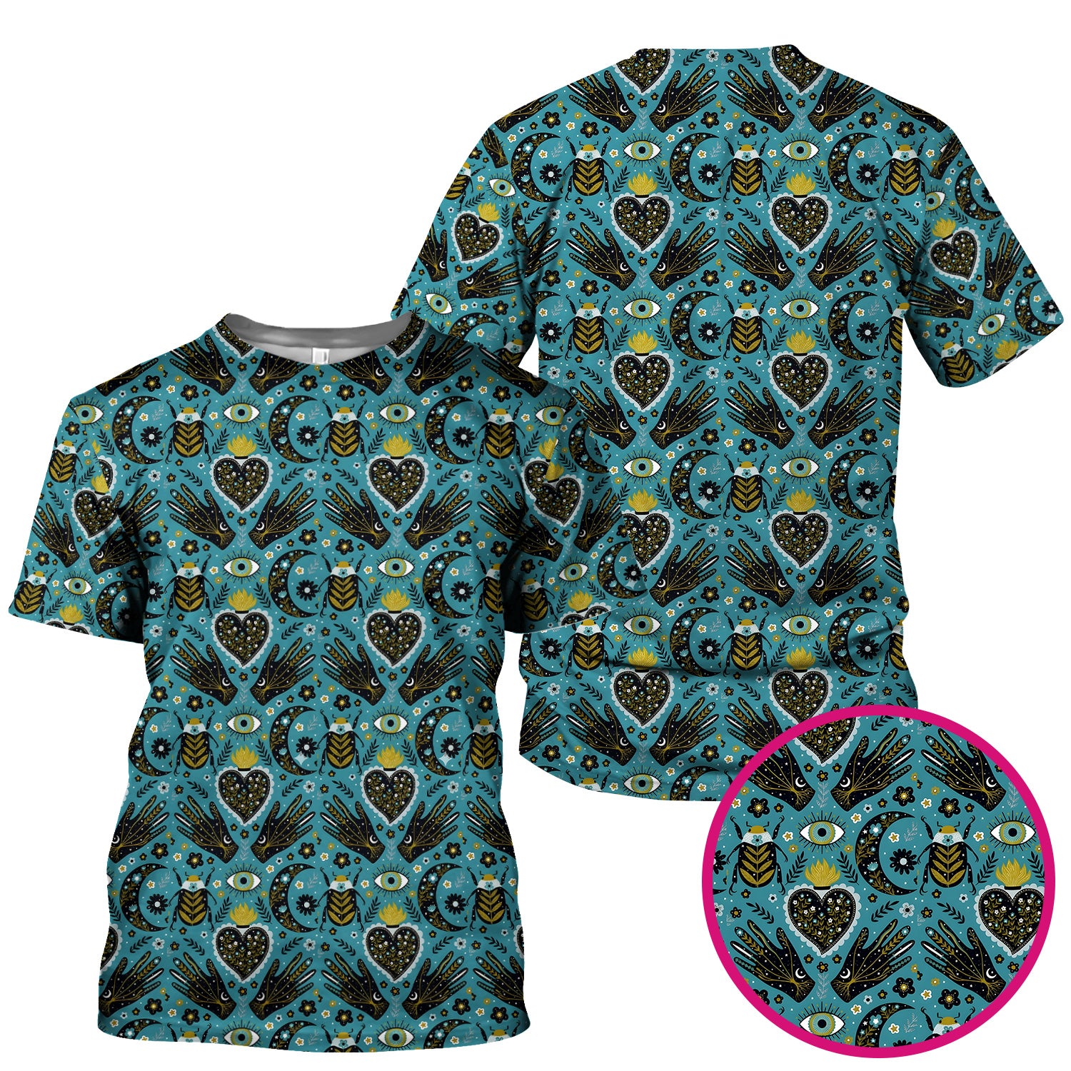 Mystic Celestial Heart & Evil Eye Pattern Scrub Top, Breathable Fabrics Nursing Uniform