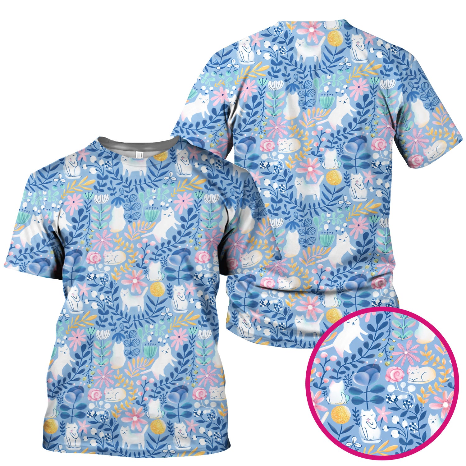 Whimsical Cat Floral Pattern Scrub Top, Breathable Fabrics Nursing Uniform