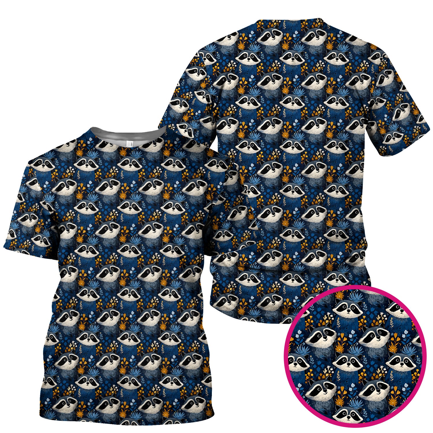 Raccoon With Blue Floral Forest Pattern Scrub Top, Breathable Fabrics Nursing Uniform