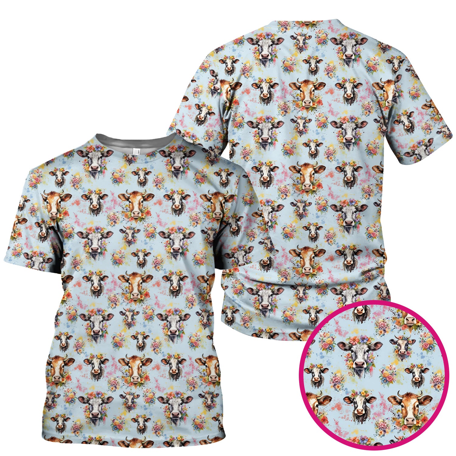 Cute Floral Cow Farm Animal Pattern Scrub Top, Comfortable Scrubs for Nurses