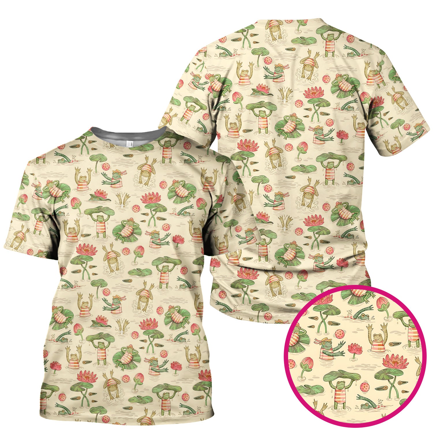 Cute Frogs Swimming Lily Pond Pattern Scrub Top, Comfortable Scrubs for Nurses