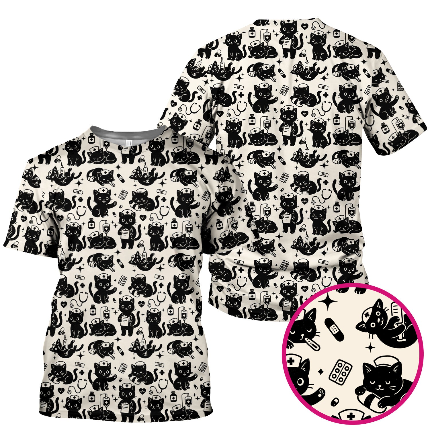 Cute Black Cat Nurse Pattern Scrub Top, Breathable Fabrics Nursing Uniform