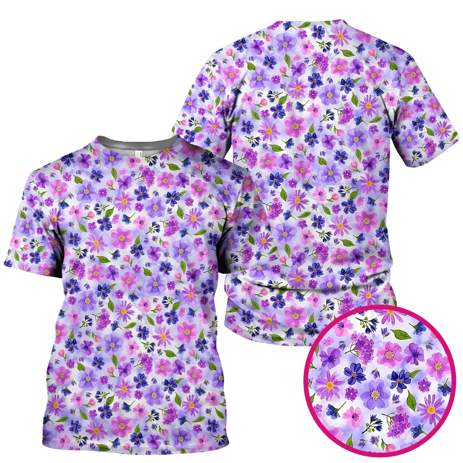 Purple Watercolor Wildflower Bloom Pattern Scrub Top, Comfortable Scrubs for Nurses