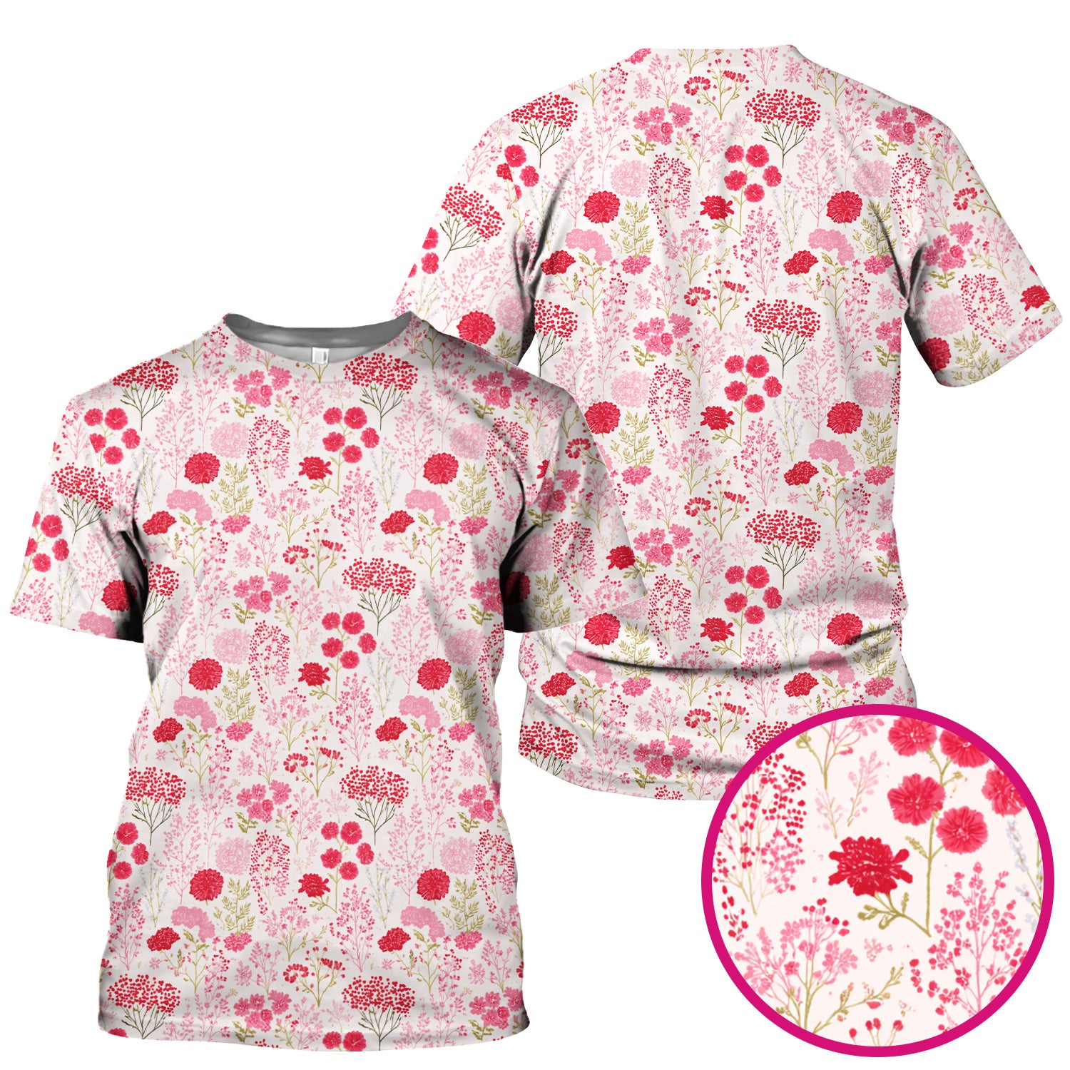 Pink Floral Pattern Allover Print Scrub Top, Breathable Fabrics Nursing Uniform
