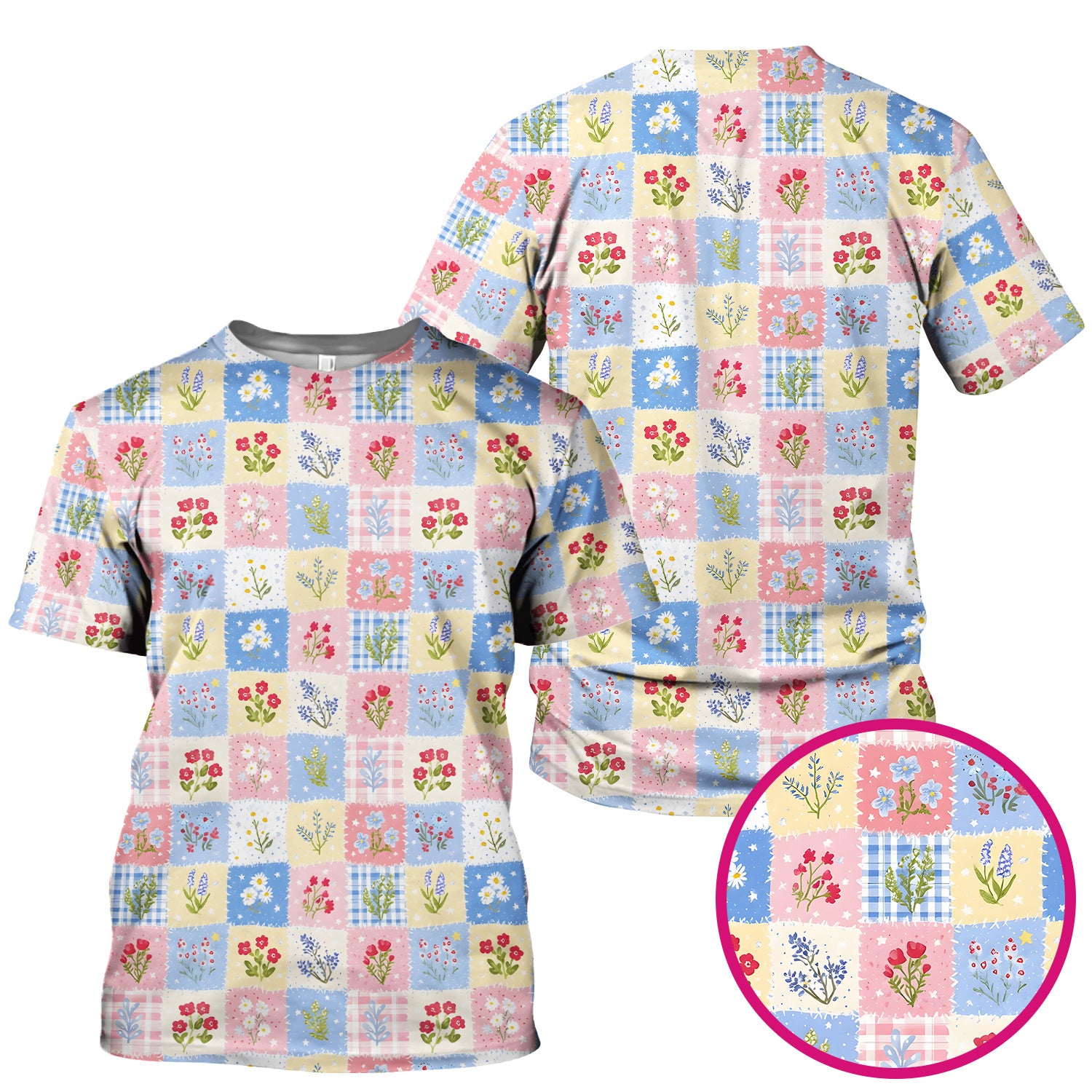 Pastel Patchwork Wildflower Garden Print Scrub Top, Comfortable Scrubs for Nurses