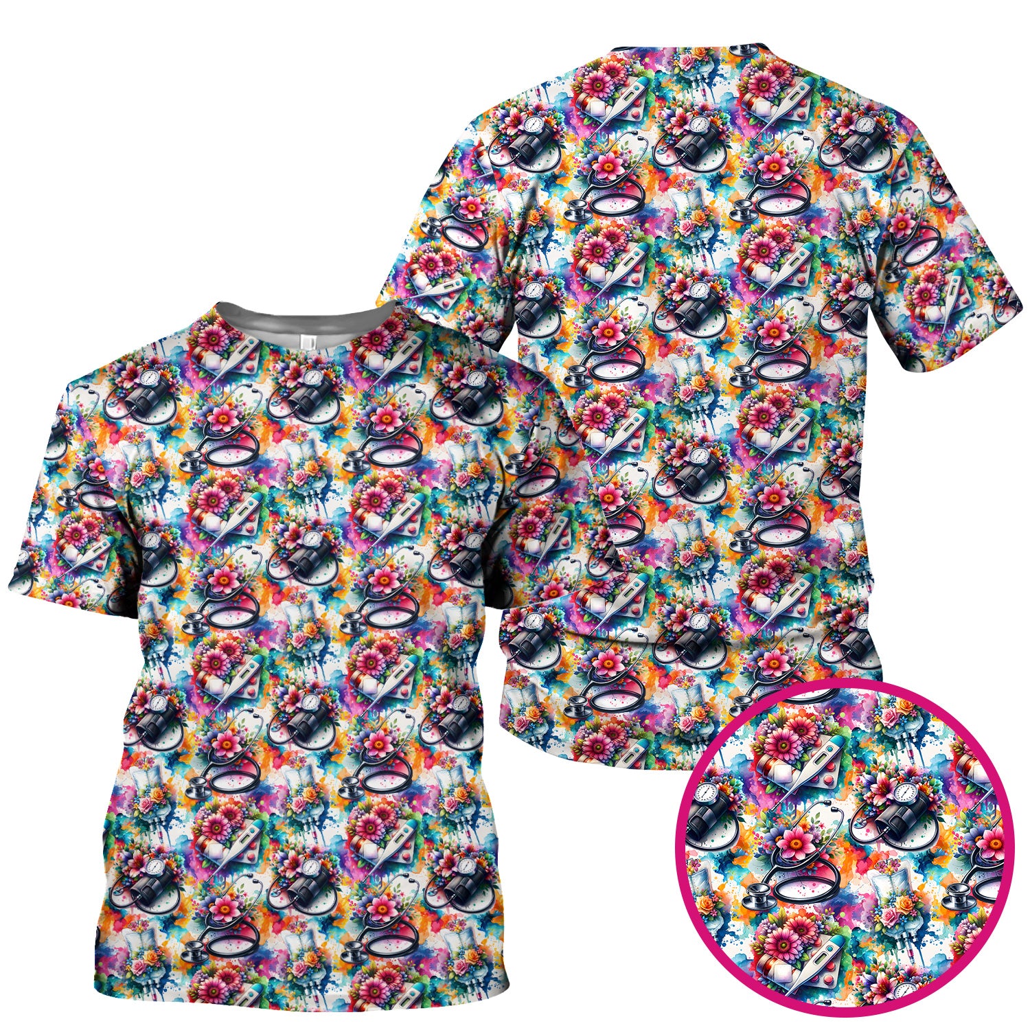 Colorful Medical Tools Floral Pattern Scrub Top, Comfortable Scrubs for Nurses