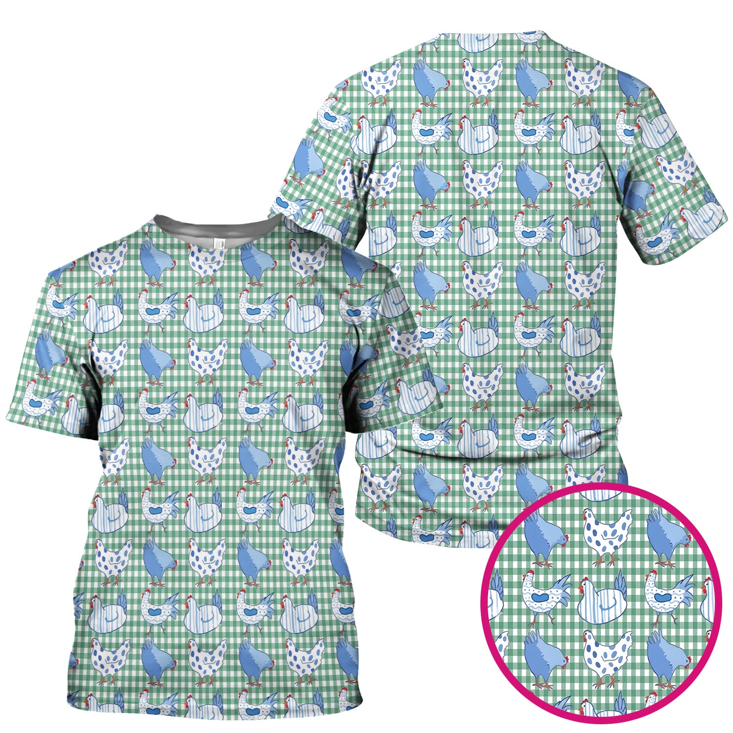 Blue Chicken Gingham Pattern Scrub Top, Comfortable Scrubs for Nurses