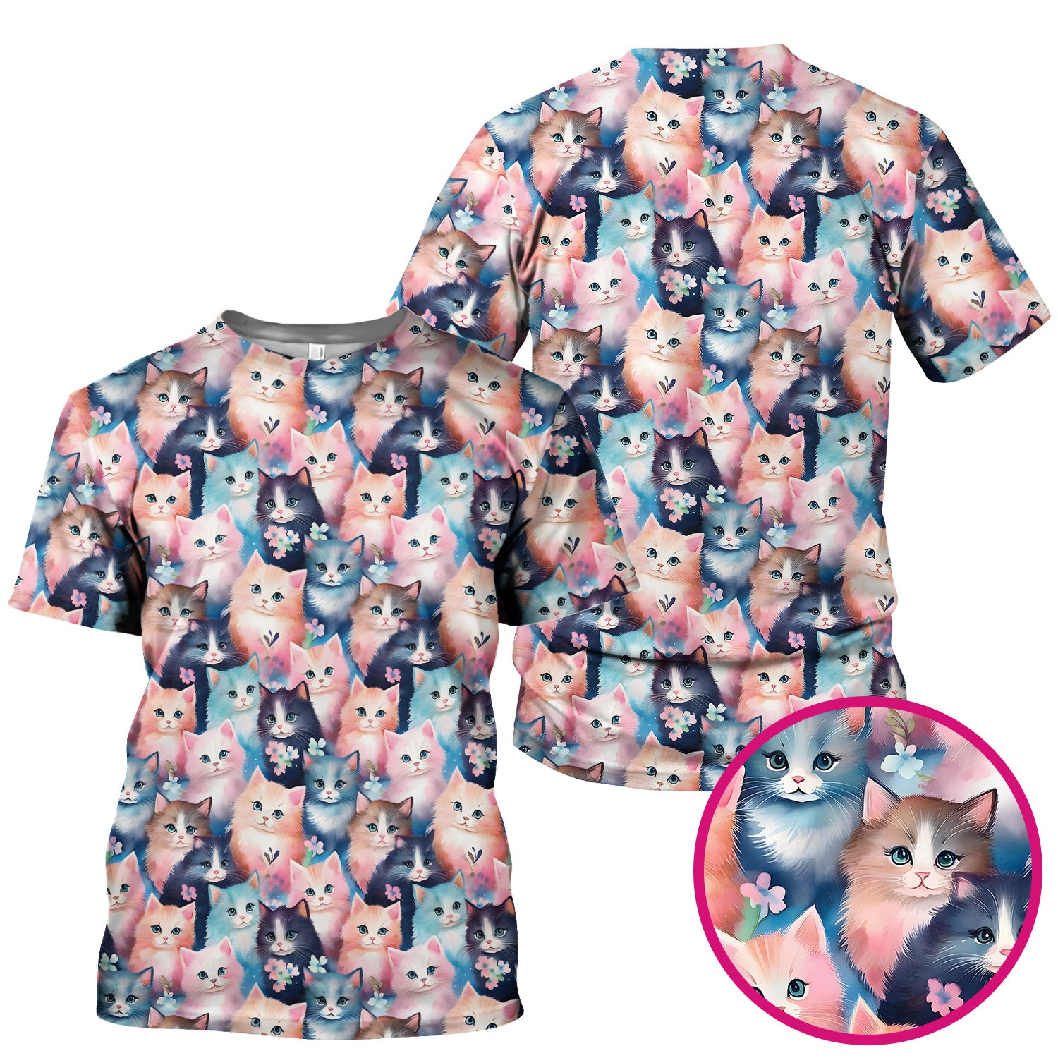 Pastel Kitten Pattern Scrub Top, Cute Aesthetic Cat Nursing Uniform for Women