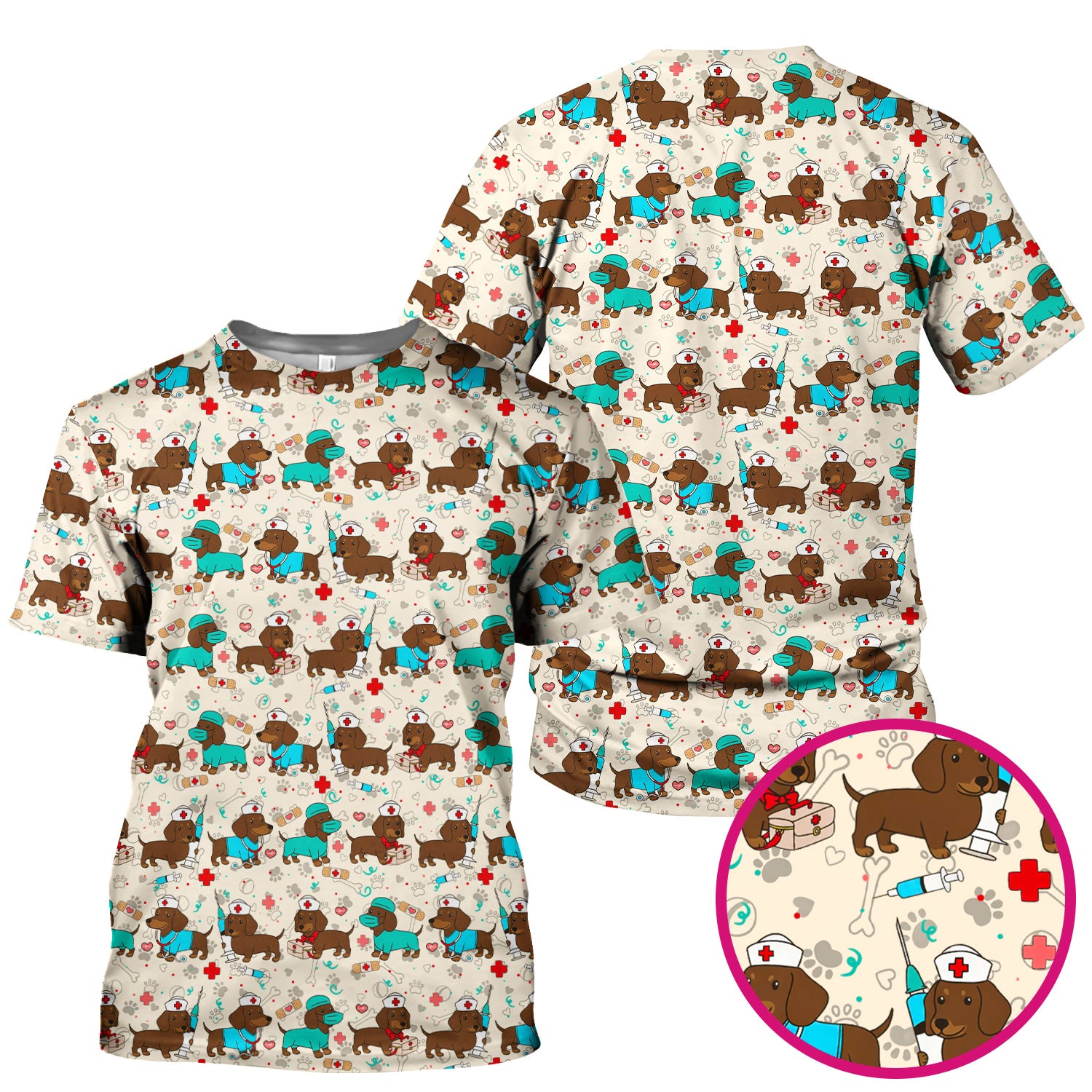 Cute Wiener Dog Dachshund Nurse Scrub Top, Funny Dachshund Dog Scrubs Shirt, Breathable Fabrics Nursing Uniform