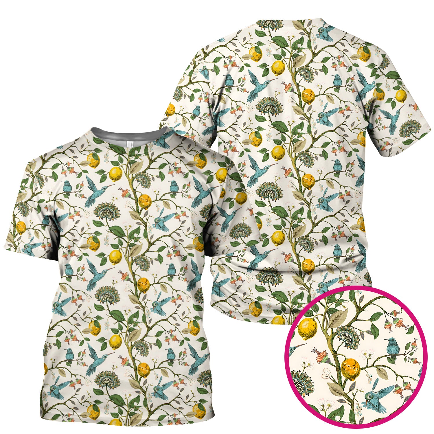 Cute Hummingbird Lemon Floral Pattern Scrub Top, Comfortable Scrubs for Nurses
