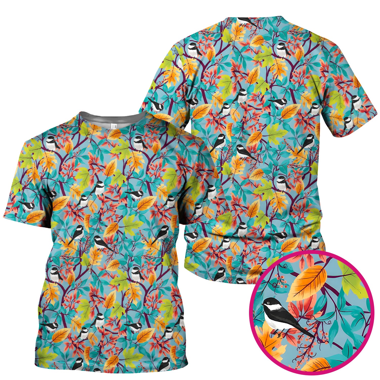 Autumn Leaf Chickadee Bird Pattern Scrub Top, Breathable Fabrics Nursing Uniform