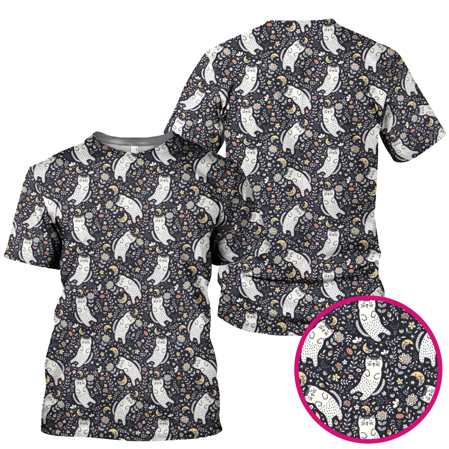 Moonlit Floral Cat Seamless Pattern Scrub Top, Comfortable Scrubs for Nurses