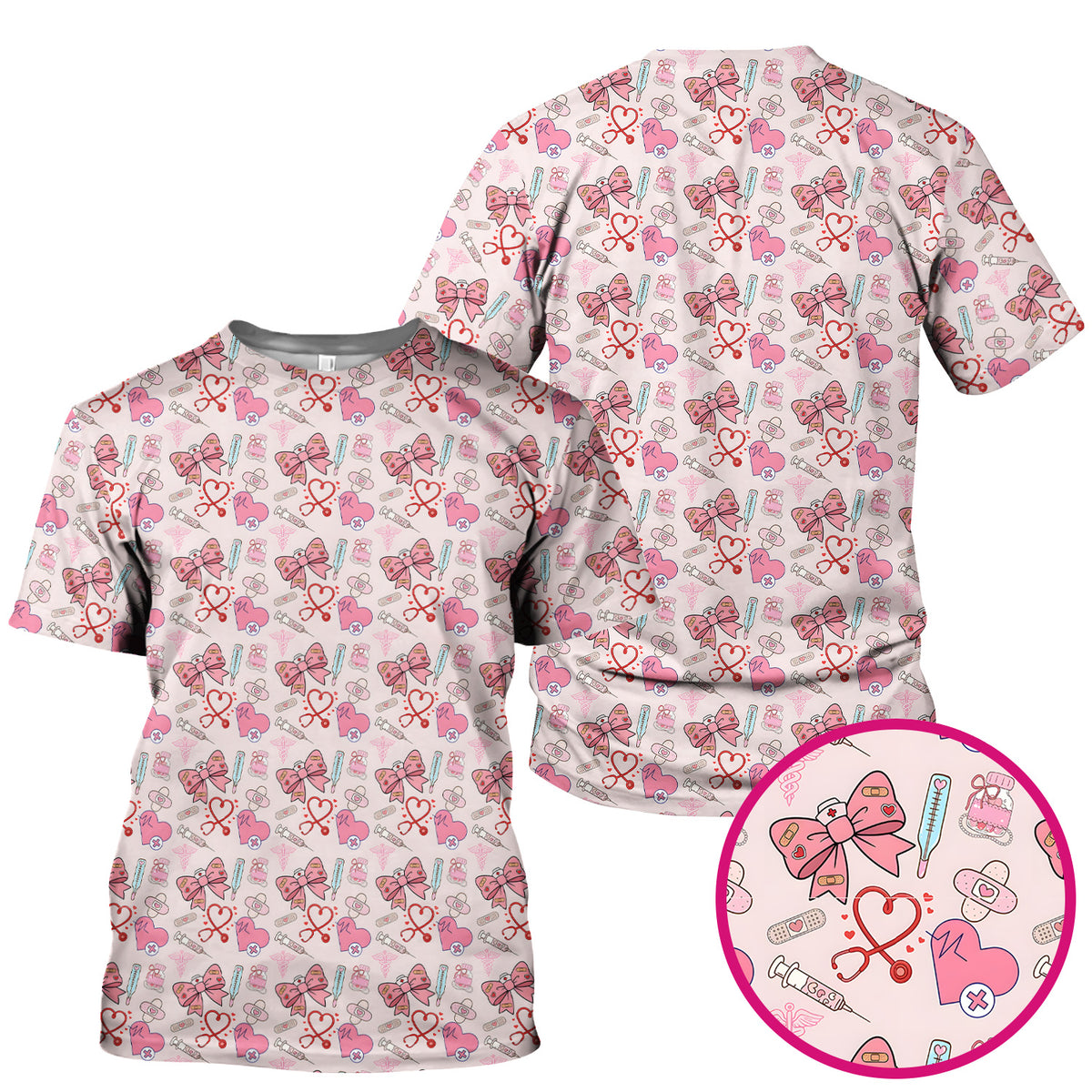 Pink Nurse Bow Heart Print Scrub Top, Comfortable Scrubs for Nurses