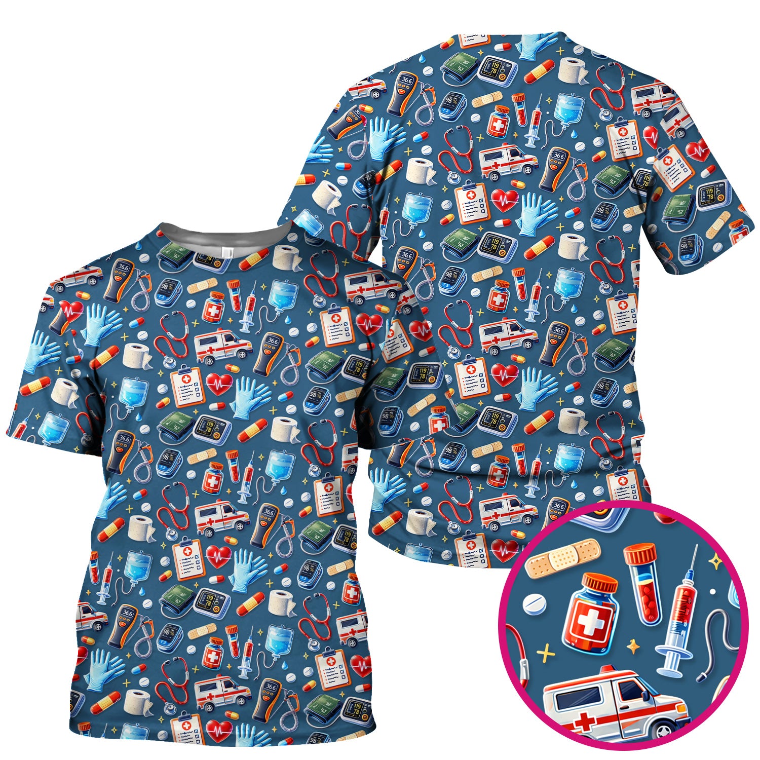 Medical Tools Pattern Ambulance Stethoscope Scrub Top, Comfortable Scrubs for Nurses
