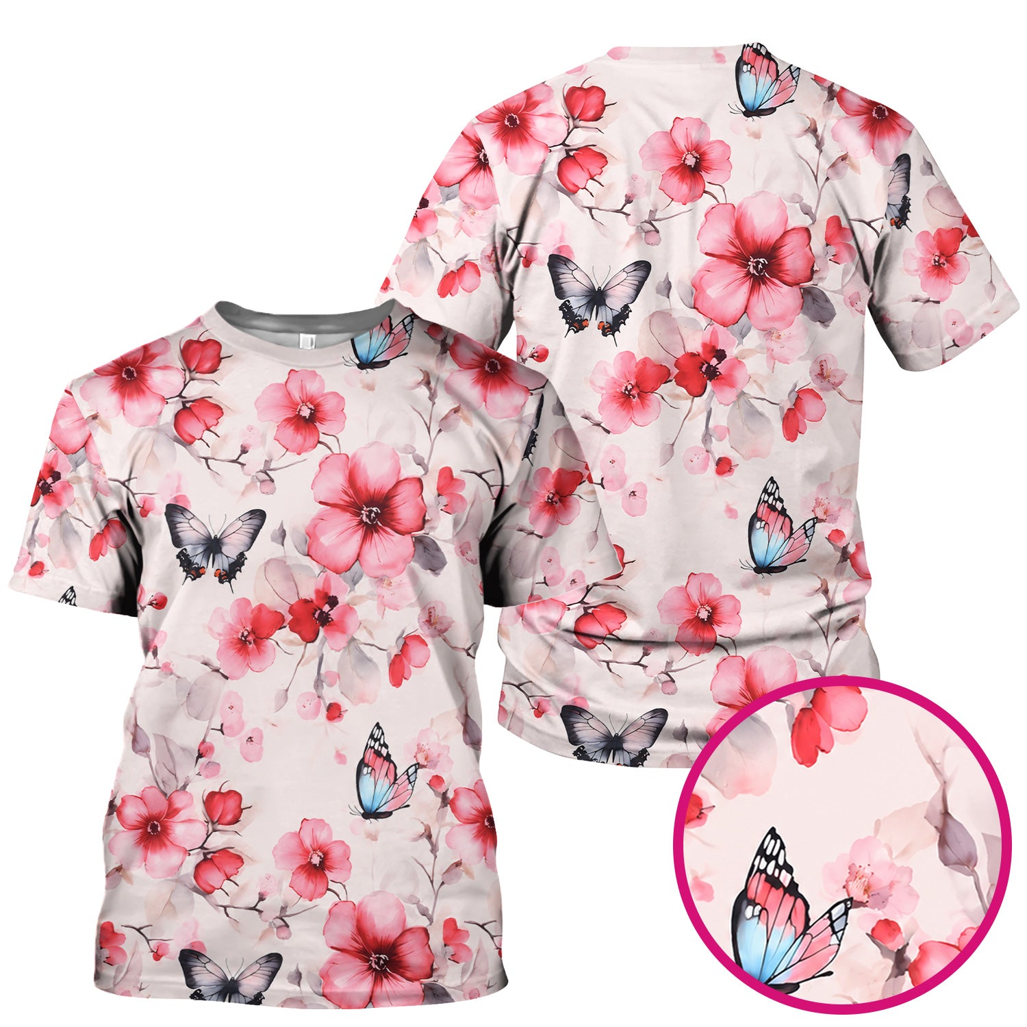 Pink Butterfly Blossom Pattern Scrub Top, Comfortable Scrubs for Nurses