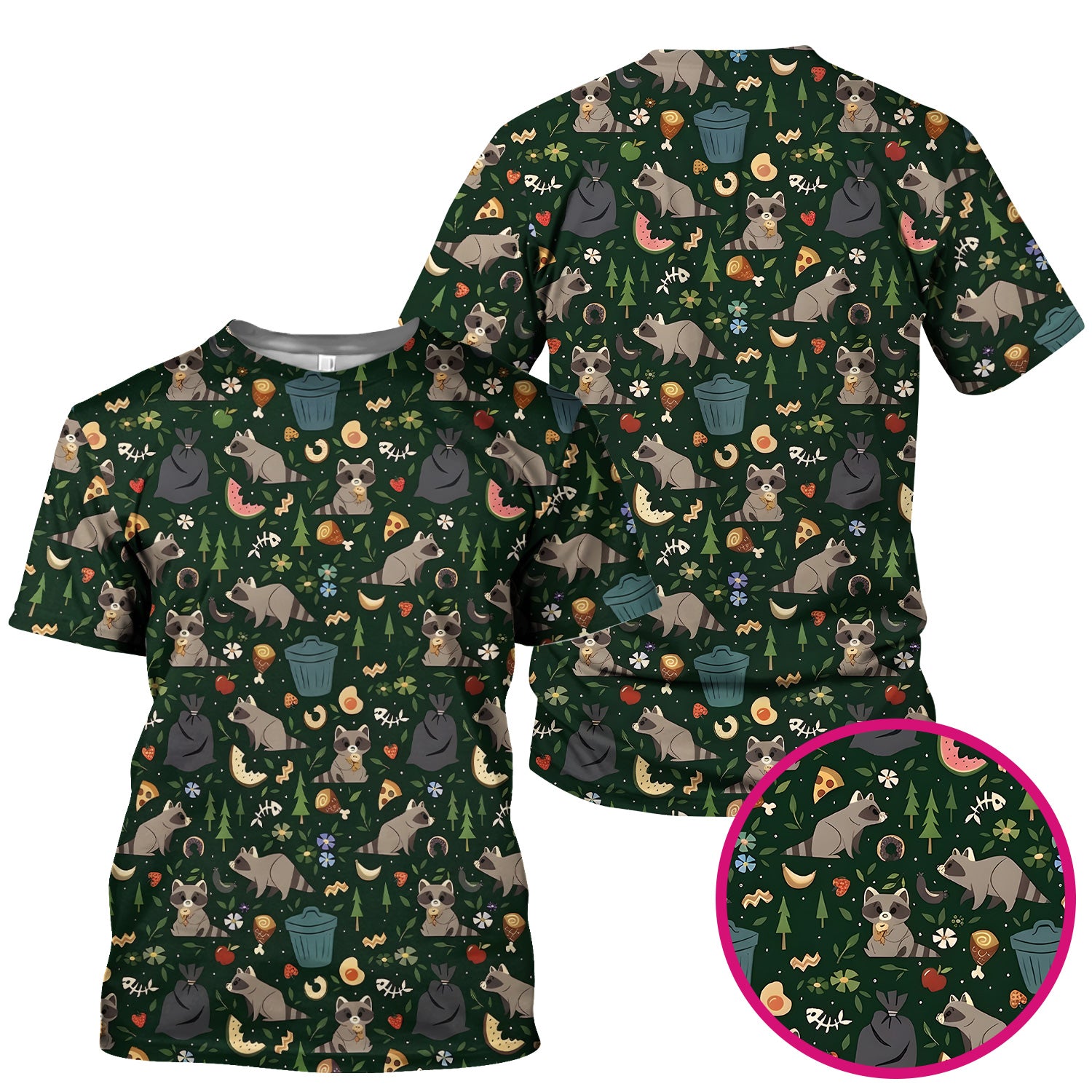 Cute Raccoon Forest Food Pattern Scrub Top, Breathable Fabrics Nursing Uniform