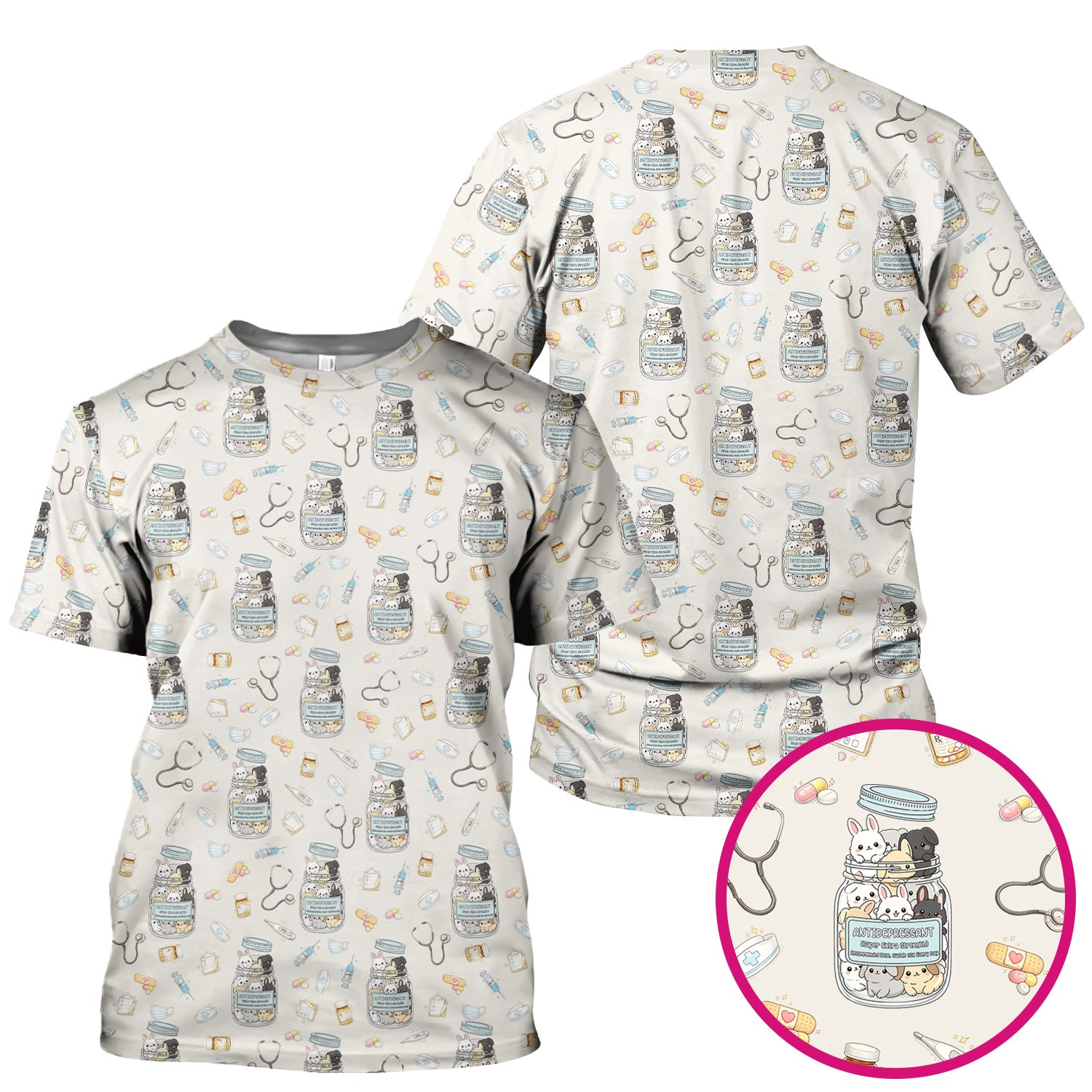 Whimsical Antidepressant Rabbit Jar Design Nurse Scrub Top, Soft & Breathable Workwear