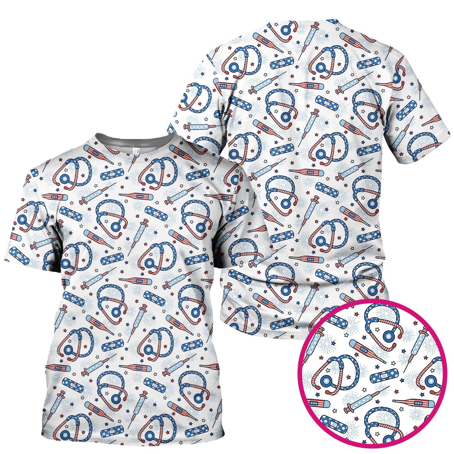 Funny Patriotic Stethoscope Bandage Nurse Pattern Scrub Top, Comfortable Scrubs for Nurses
