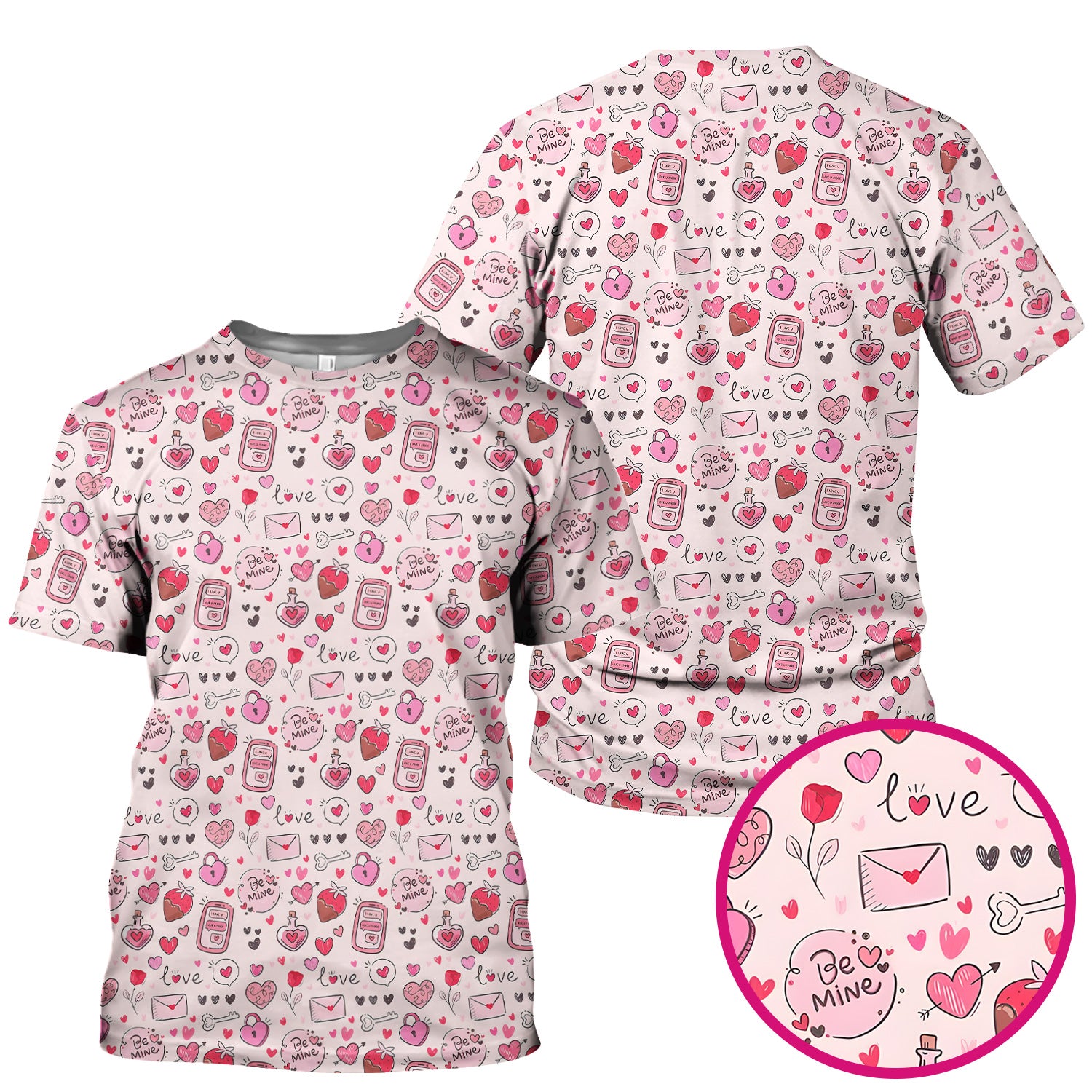 Be Mine Heart Pattern Pattern Scrub Top, Pink Valentine Pattern Nursing Uniform For Women