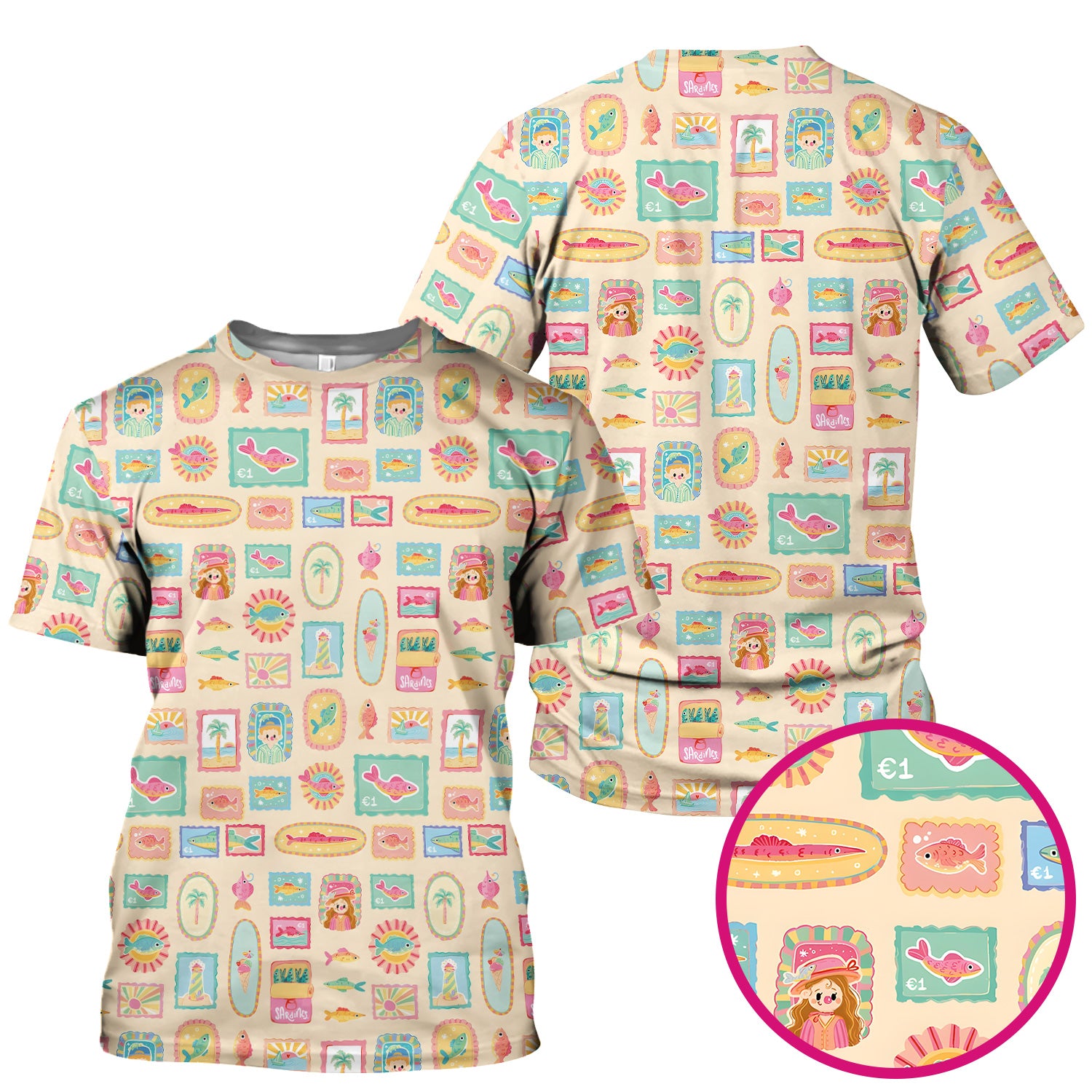 Coastal Vintage Postage Stamp Pattern Scrub Top, Comfortable Scrubs for Nurses