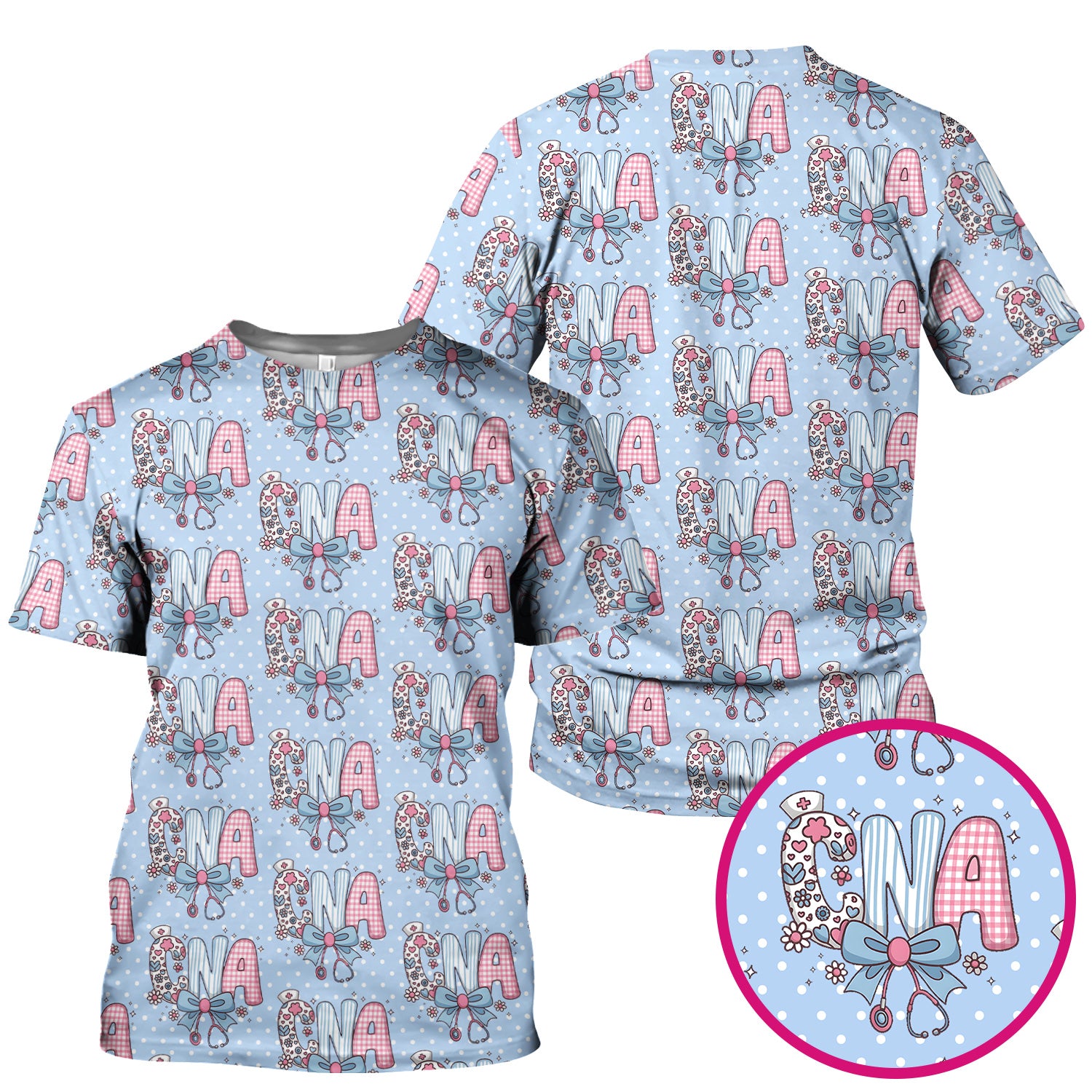 Cute CNA Floral Bow Pattern Scrub Top, Breathable Fabrics Nursing Uniform