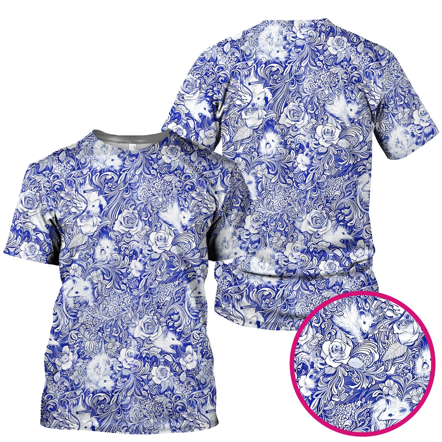 Blue Toile Porcupine Floral Pattern Scrub Top for Women, Breathable Nursing Uniform