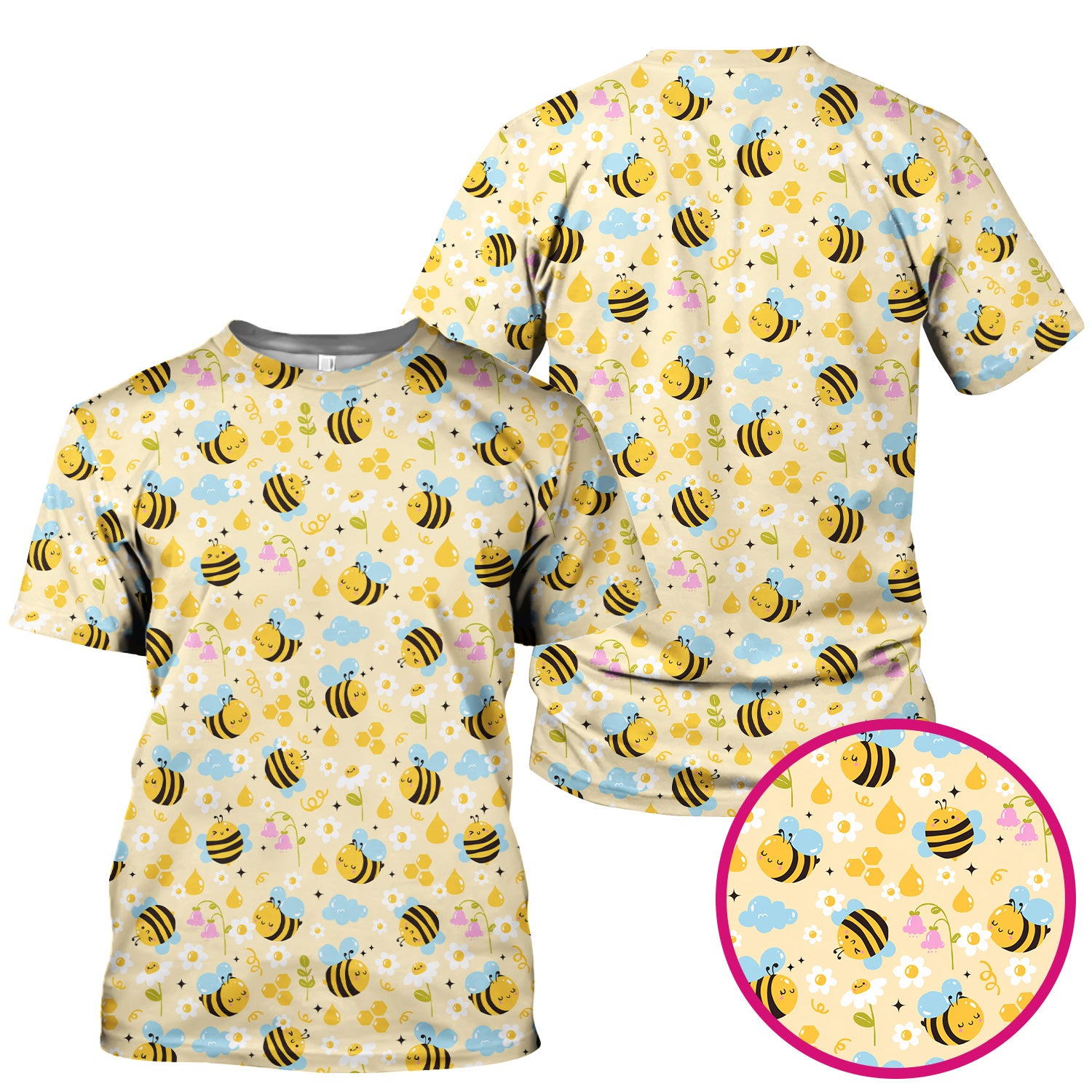 Honey Bee Flower Cloud Pattern Scrub Top, Breathable Fabrics Nursing Uniform