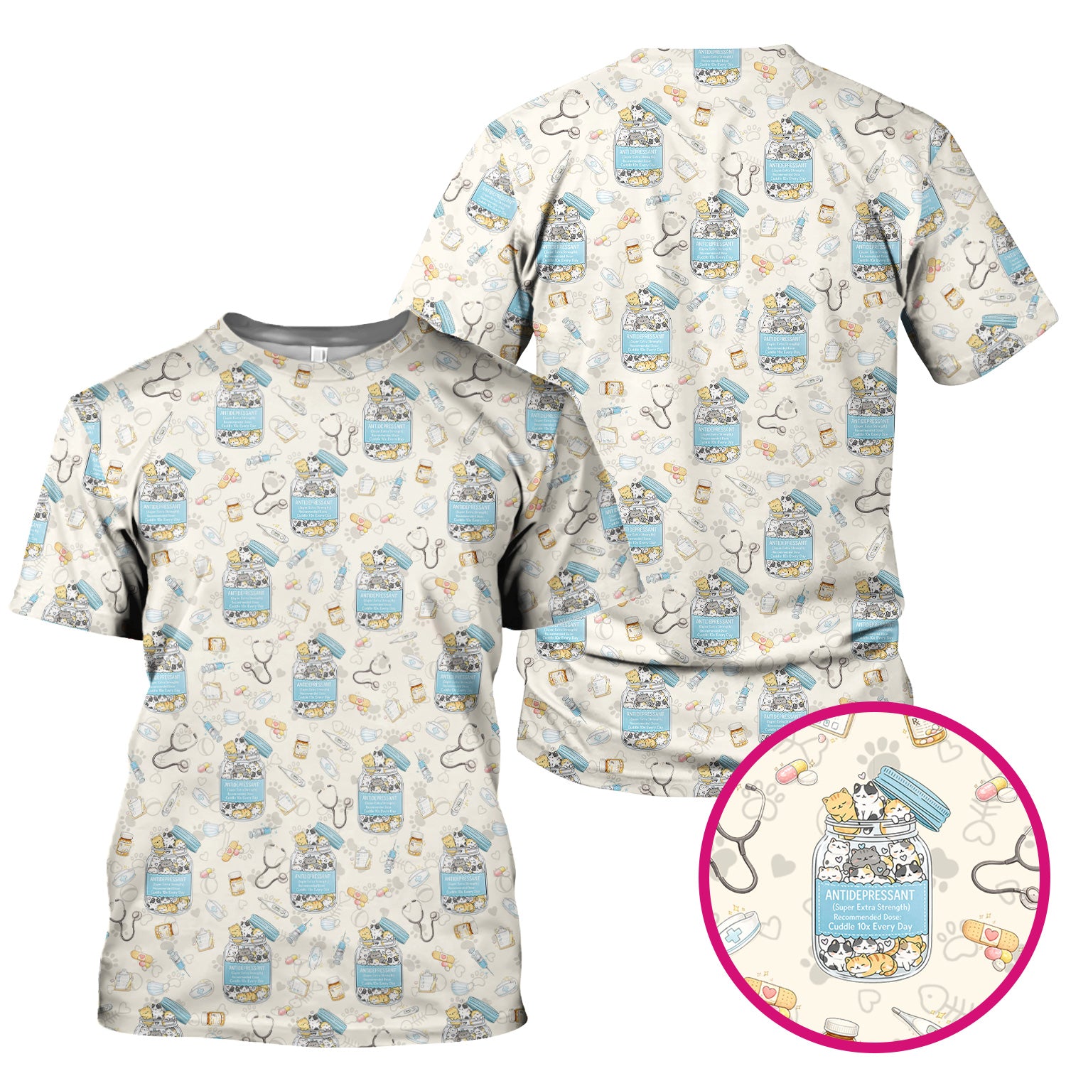 Cute Antidepressant Cat Jar Print Nurse Scrub Top, Breathable Fabrics Nursing Uniform