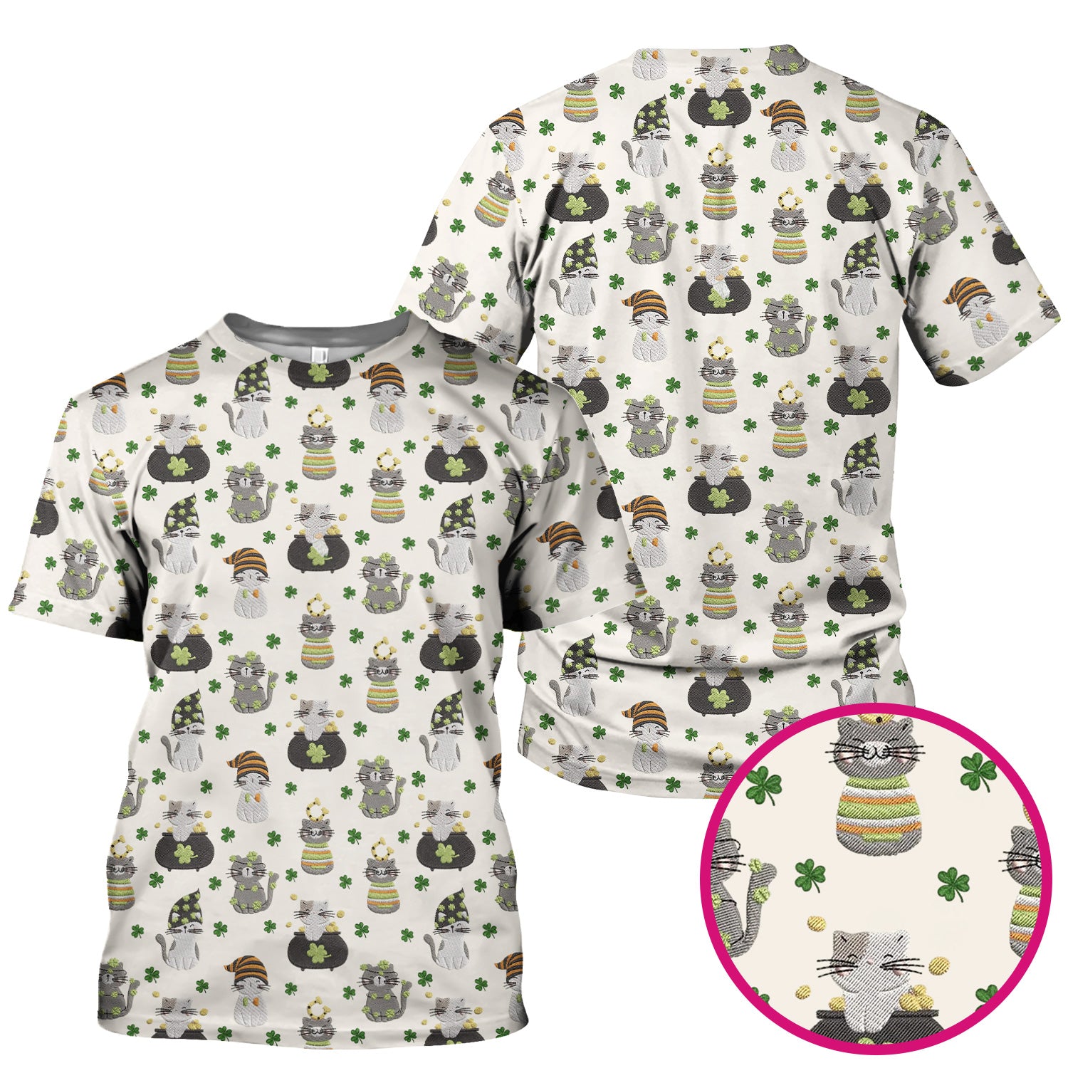 St. Patrick’s Day Scrub Top, Lucky Cat With Shamrock Pattern Shirt, Breathable Fabrics Nursing Uniform