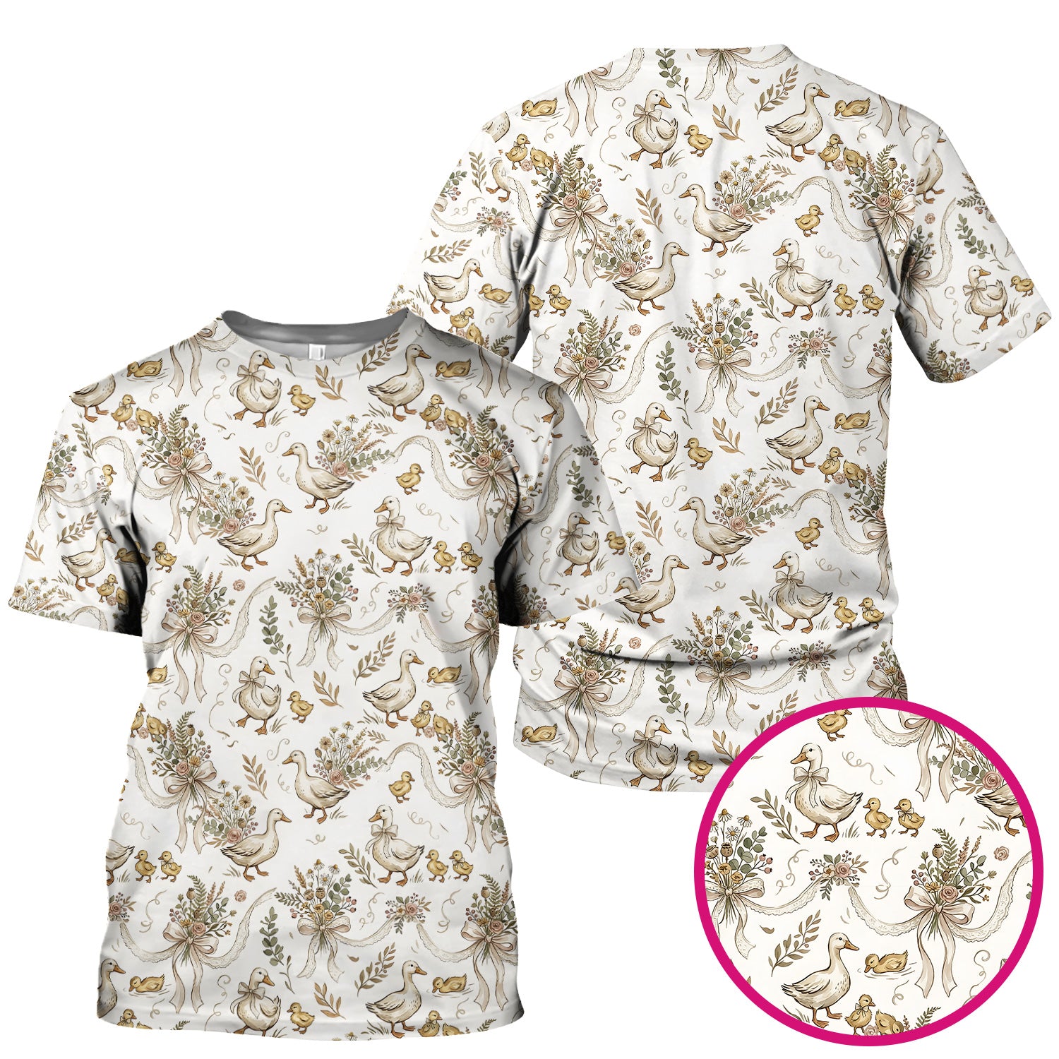 Vintage Duck Family Ribbon Floral Pattern Nurse Scrub Top, Breathable Fabrics Nursing Uniform