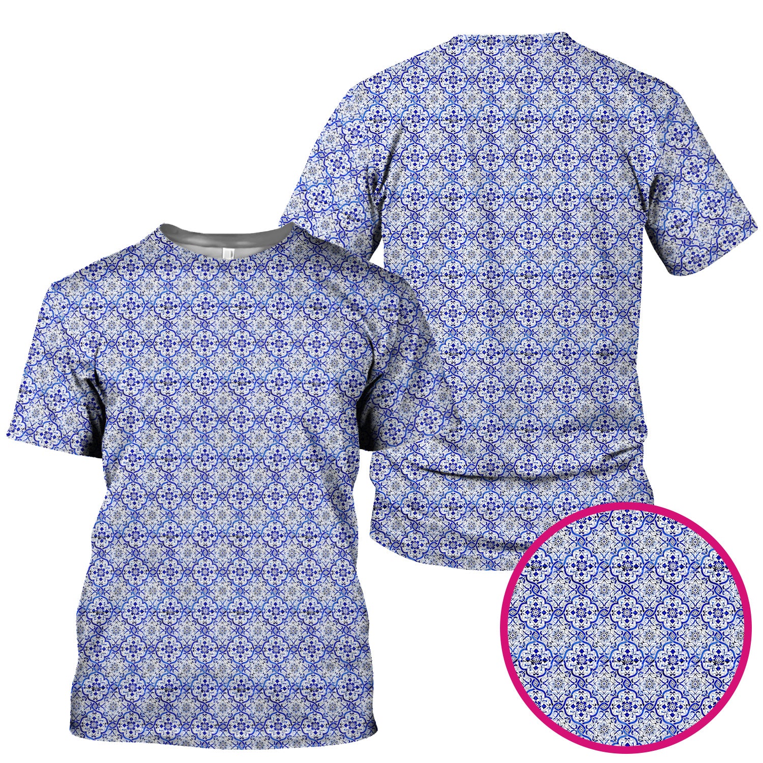 Blue Vintage Tile Floral Pattern Scrub Top, Breathable Fabrics Nursing Uniform