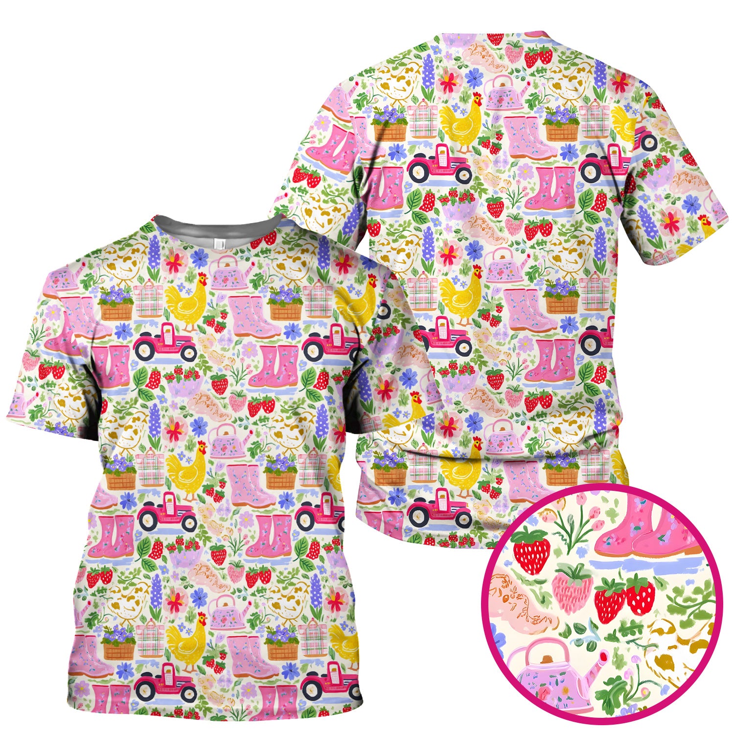 Cute Farm Garden Chicken Pattern Scrub Top, Colorful Spring Countryside Nursing Uniform for Women