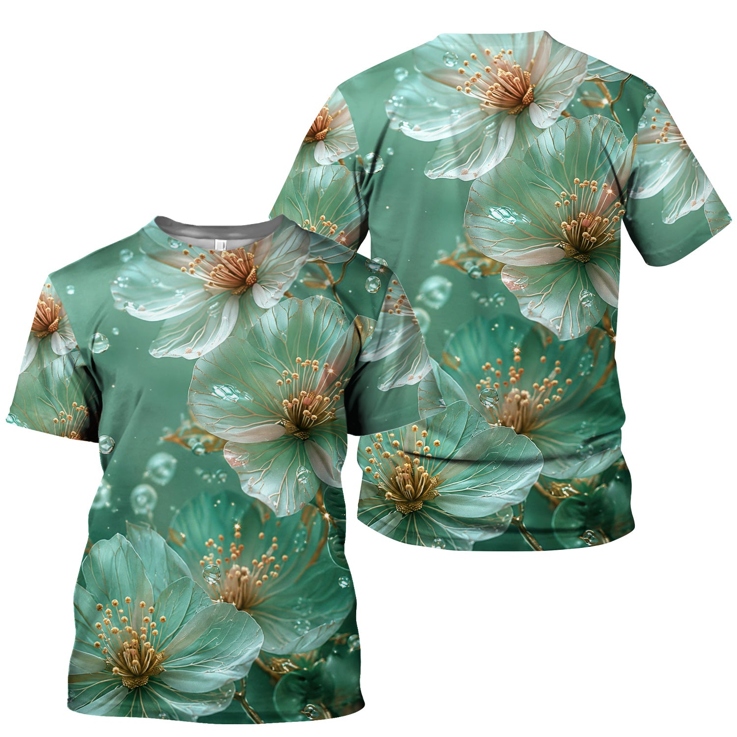 Elegant Mint Blossom Dewdrop Pattern Scrub Top, Comfortable Scrubs for Nurses