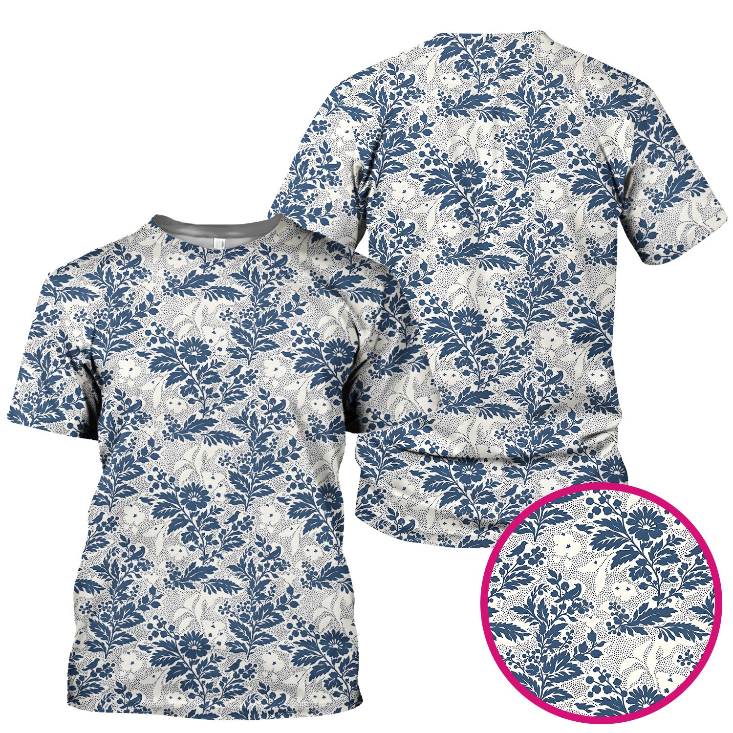 Cute Blue Floral Botanical Nurse Pattern Scrub Top, Breathable Fabrics Nursing Uniform