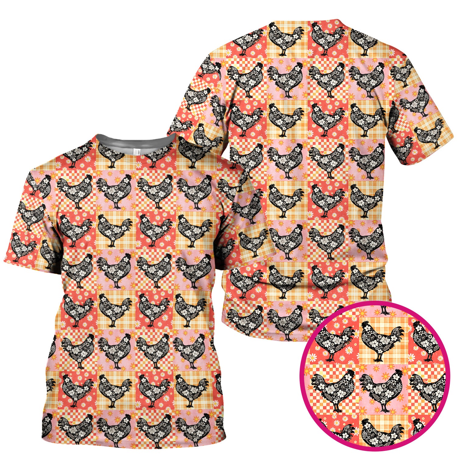 Cute Floral Chicken Patchwork Print Scrub Top, Comfortable Scrubs For Nurses